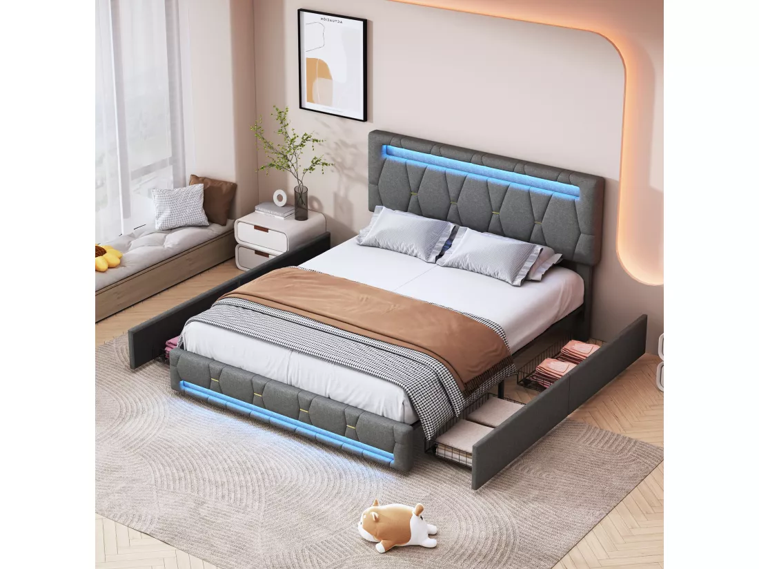 Lit 140x200cm avec 4 tiroirs + LED + sommier à lattes - lin - Gris
