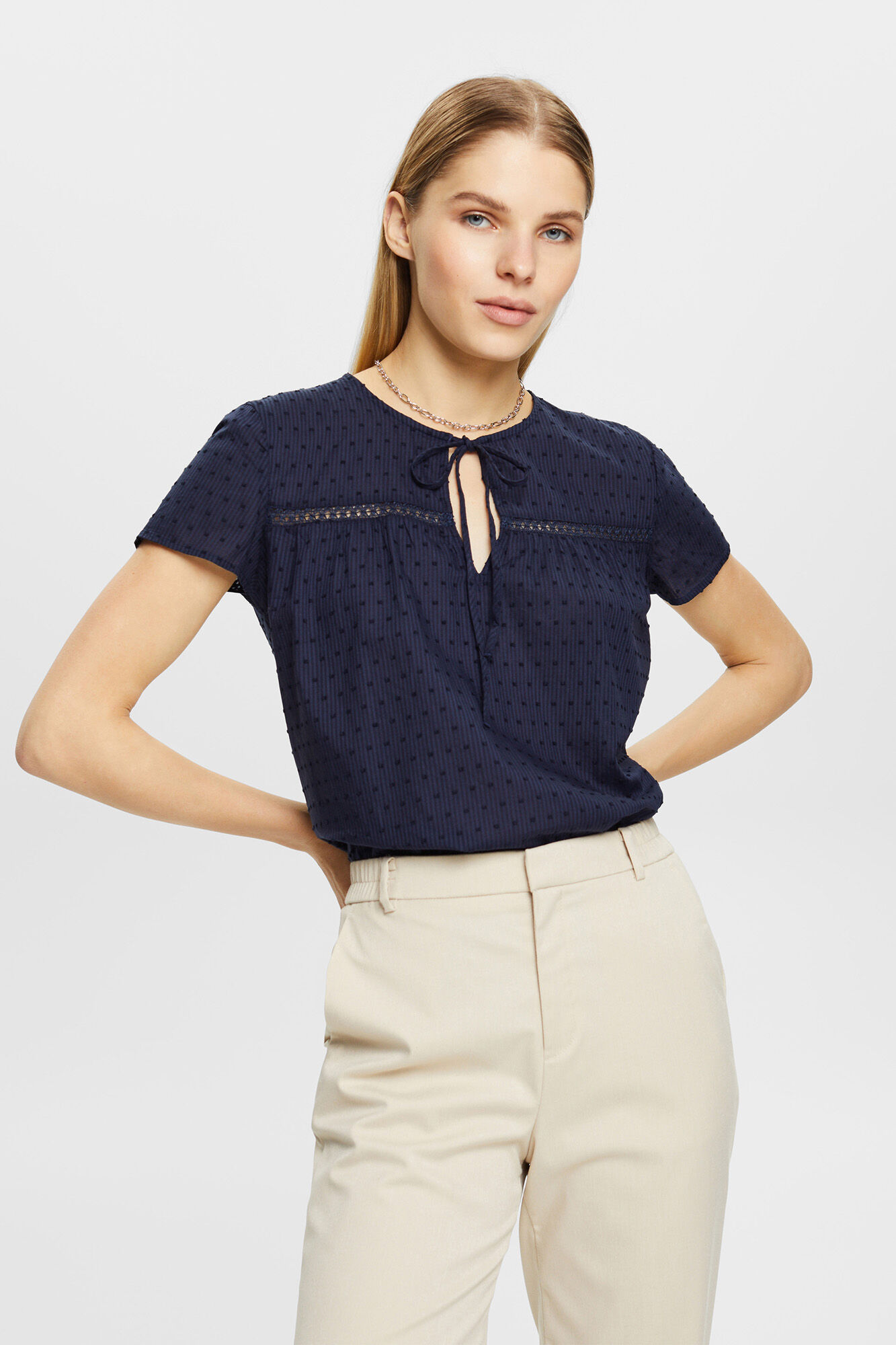 Blusa folgada de algodão com amarração - Azul marinho