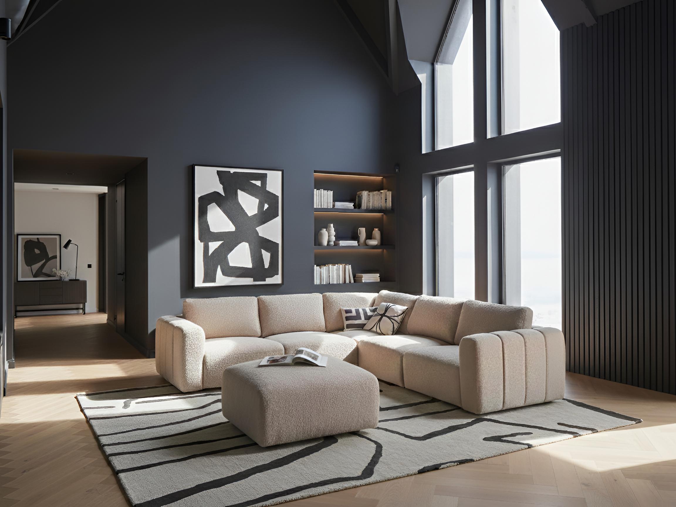 Modulaire hoekbank 5-zits KIVVIK Bouclé Beige met ottomaan linkszijdig