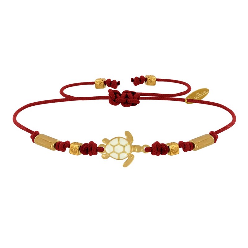 Bracelet Lien Laiton Doré Tortue Émaillé Blanche - Rouge