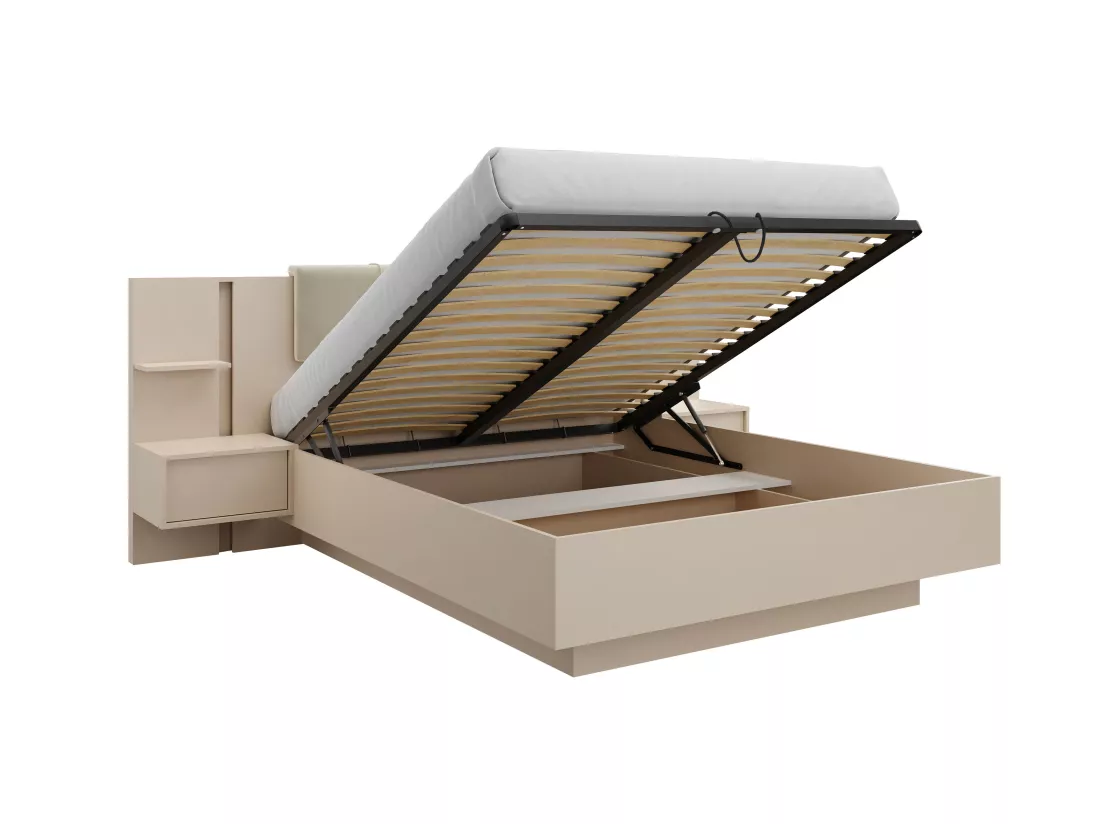 Lit coffre avec chevets 160 x 200 cm - Avec LEDs - Coloris : Beige - ELYNIA