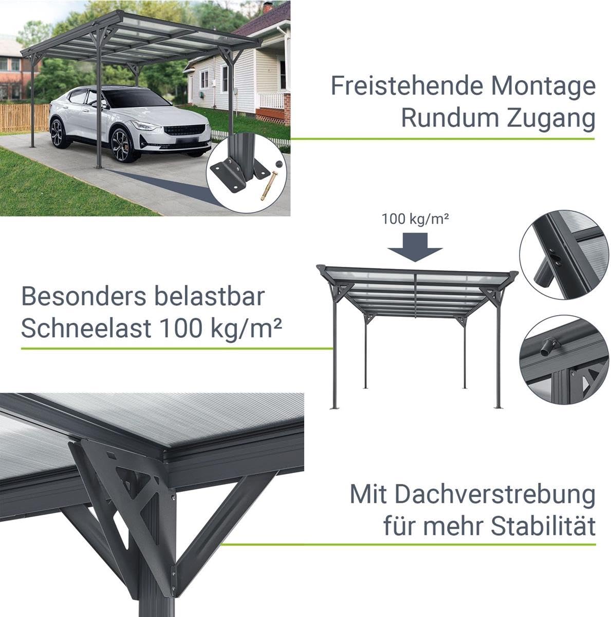 Aluminium Carport München Überdachung 5 x 3 m grau anthrazit KFZ PKW Auto Boot Hänger Fahrrad mit Aluminiumrahmen (Flachdach)