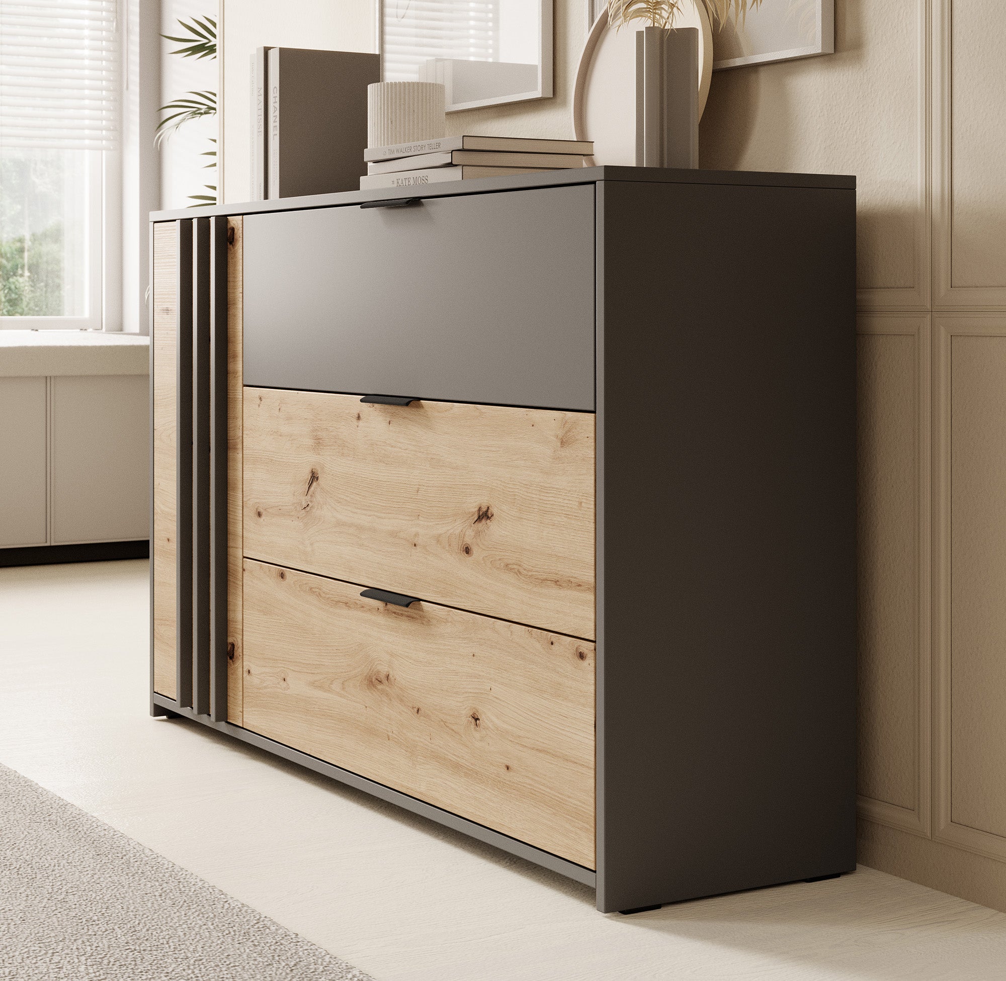 Roma - Dressoir - Grijs/eiken - 125x35x80 cm