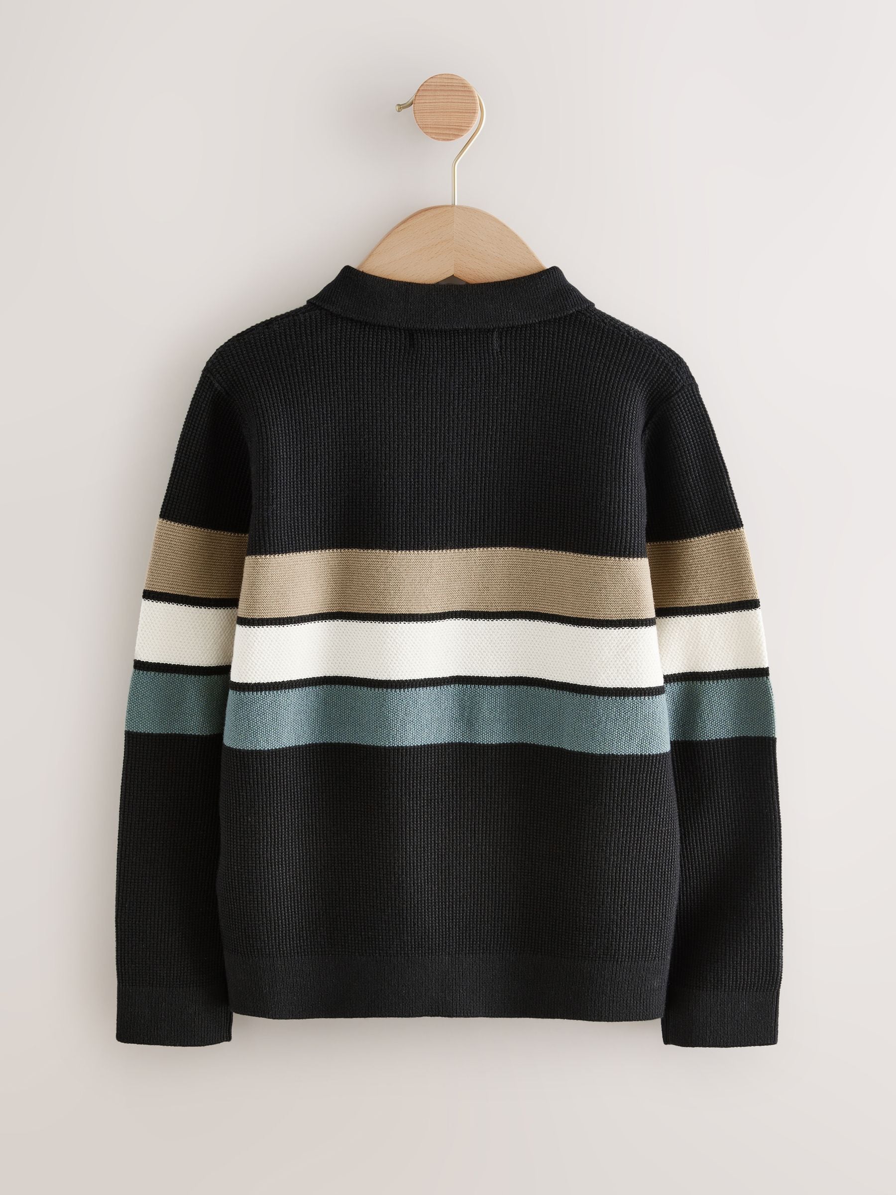 Zwarte streep - Gebreid poloshirt met rits bij de hals en lange mouwen (3-16jr)
