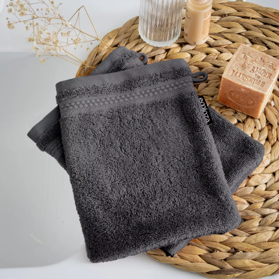 Lot de 2 gants de toilette coton bio (15 x 21 cm) Méline Gris orage