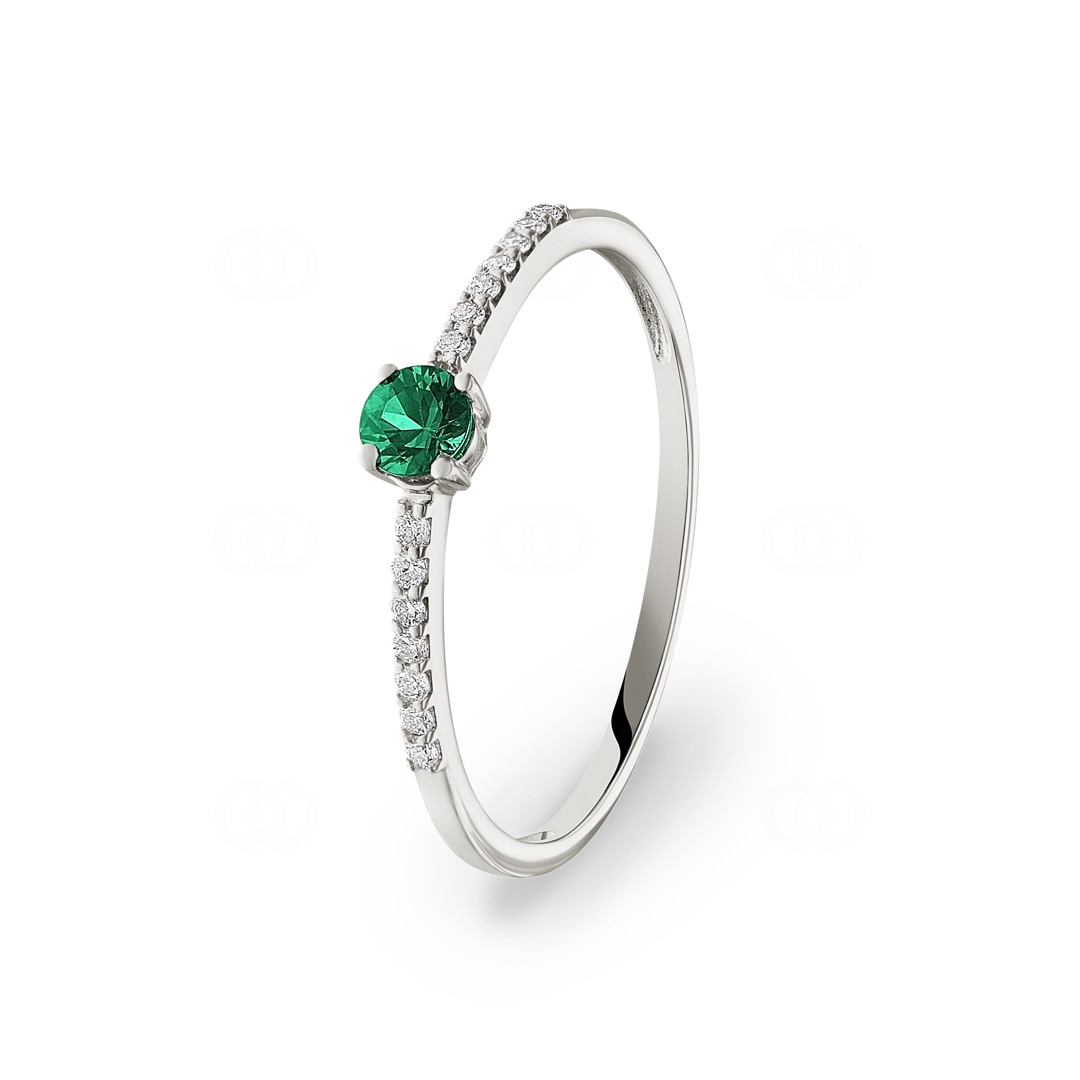 Damenring 750/18 K Weissgold mit Smaragd rund & Diamanten 0.07 ct H/si