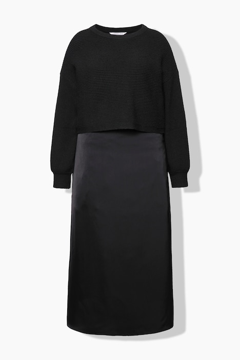 Maxikleid, Boxy Shape, Layering-Look, Strick und Satin