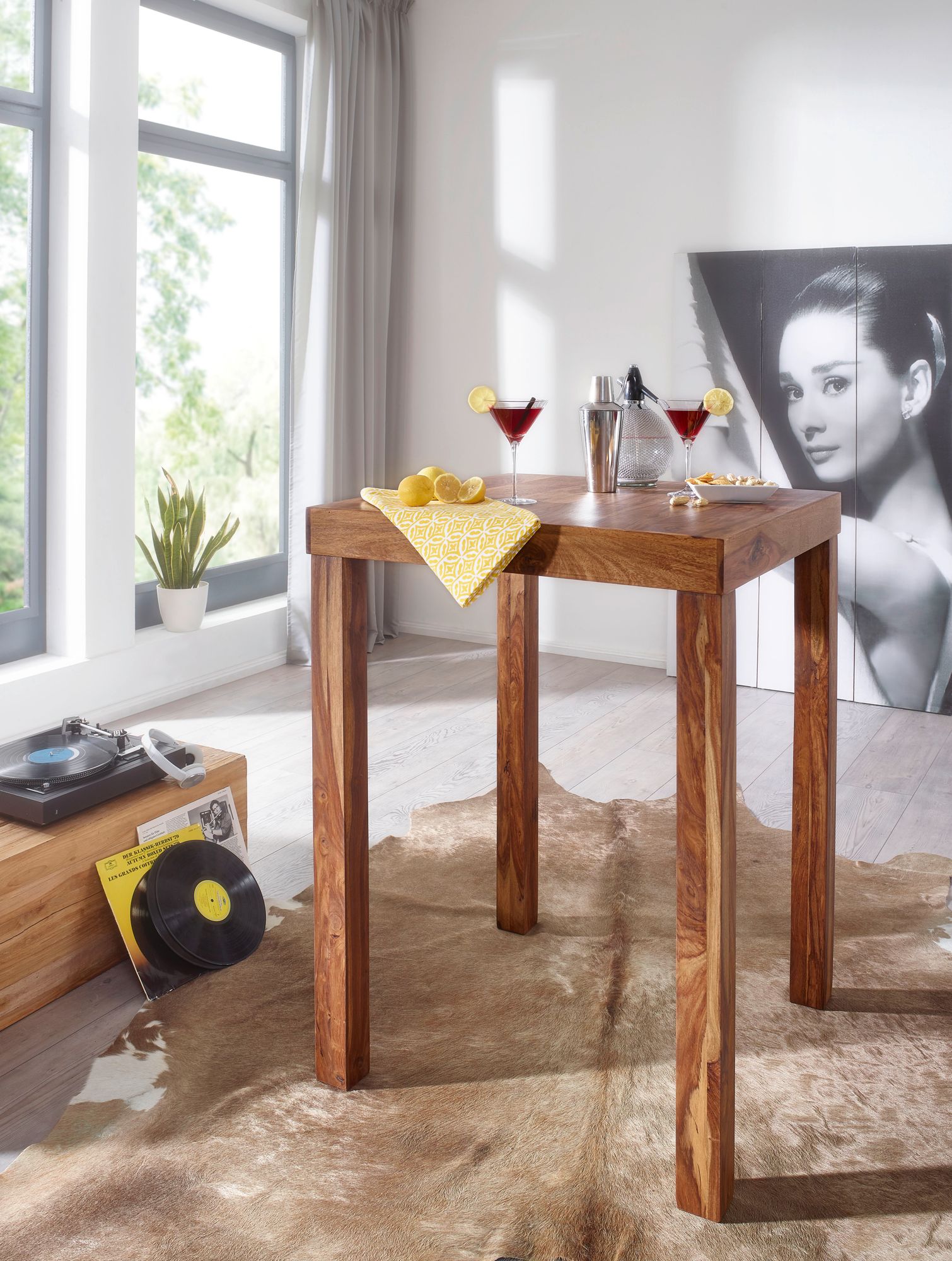 FineBuy Bartisch Massivholz Sheesham 80x80x110cm Stehtisch Bistrotisch Tisch