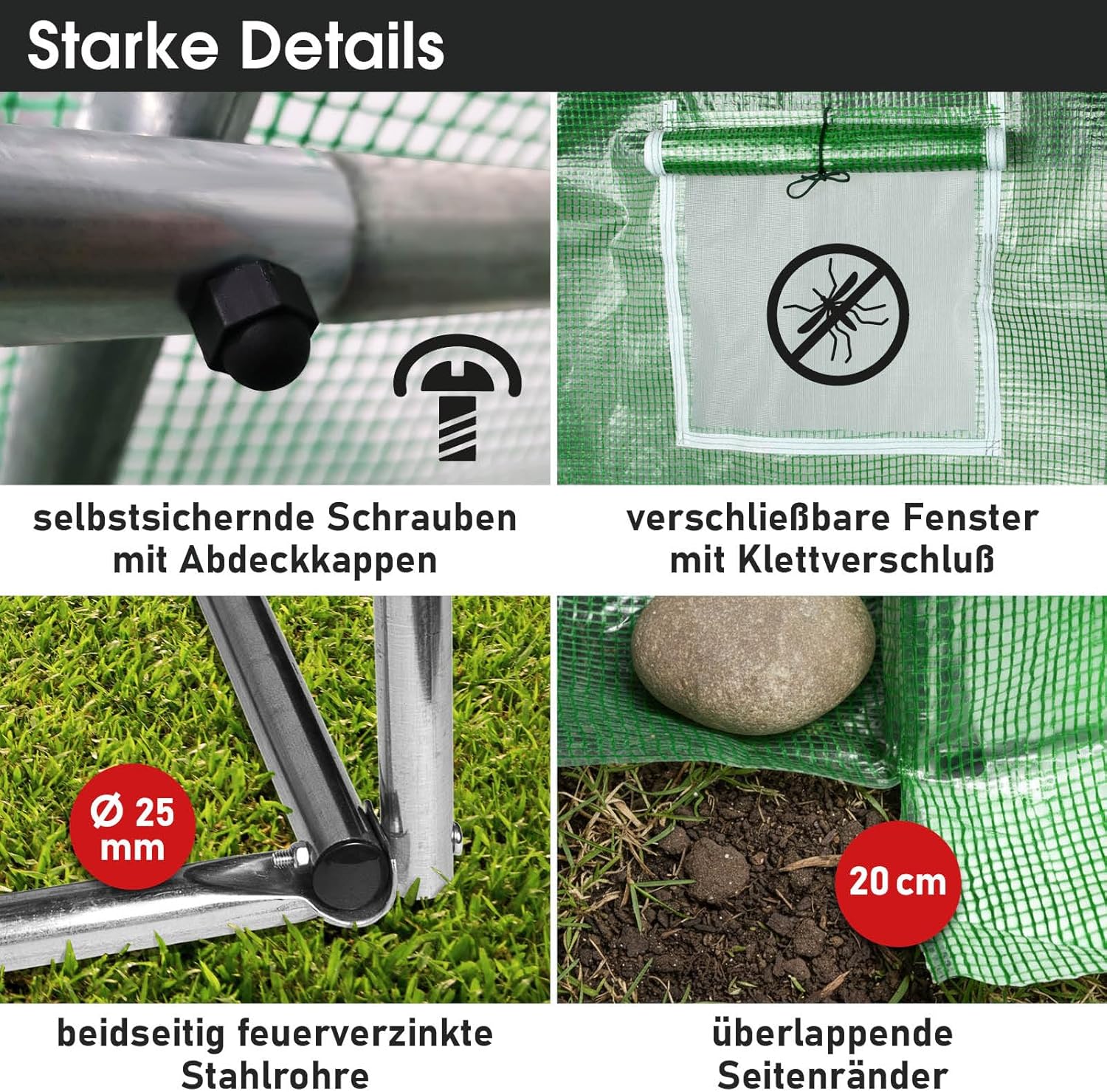 BRAST Gewächshaus Foliengewächshaus mit Stahlfundament | 2x3m - 3x8m | inkl. Erdanker Unkrautvlies & aufrollbare Seitenwände mit Moskitonetz | UV-stabilisierte Gitterschutzfolie 200g/m² | 300x600cm