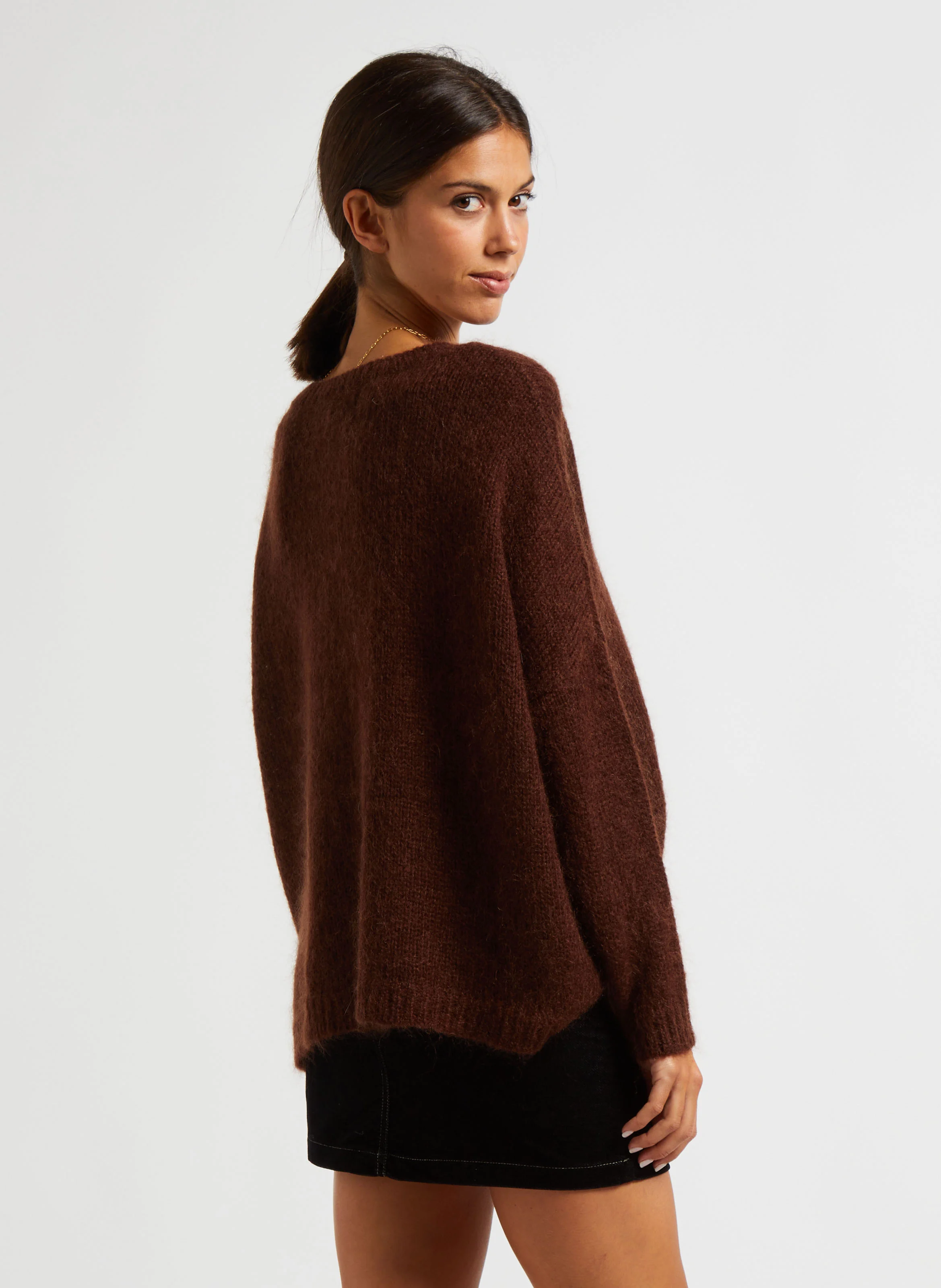 Pull col rond oversize en laine et mohair mélangé | Marron