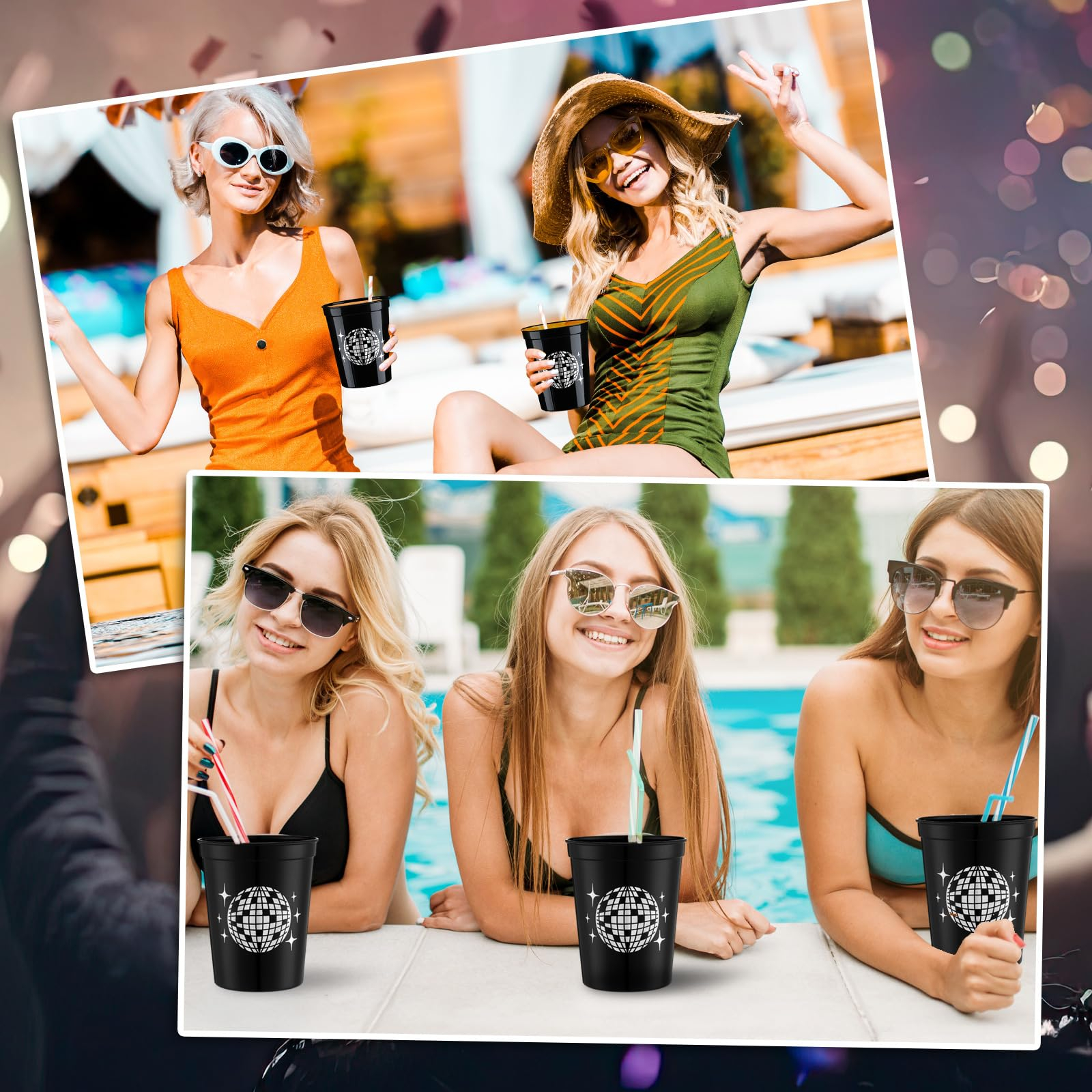 (12er Set) Mehrweg Becher Wiederverwendbare Disco Party Cups Discokugel Tisch Deko - Schwarz