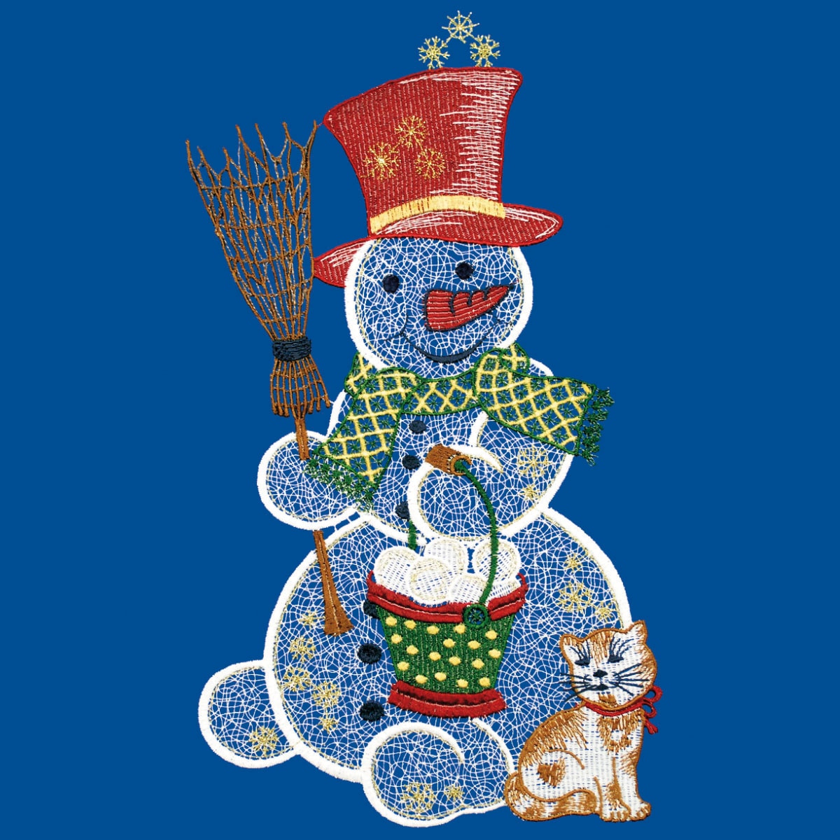 W. Reuter & Sohn - Plauener Spitze® Fensterbild »Schneemann mit Katze« Made in Germany
