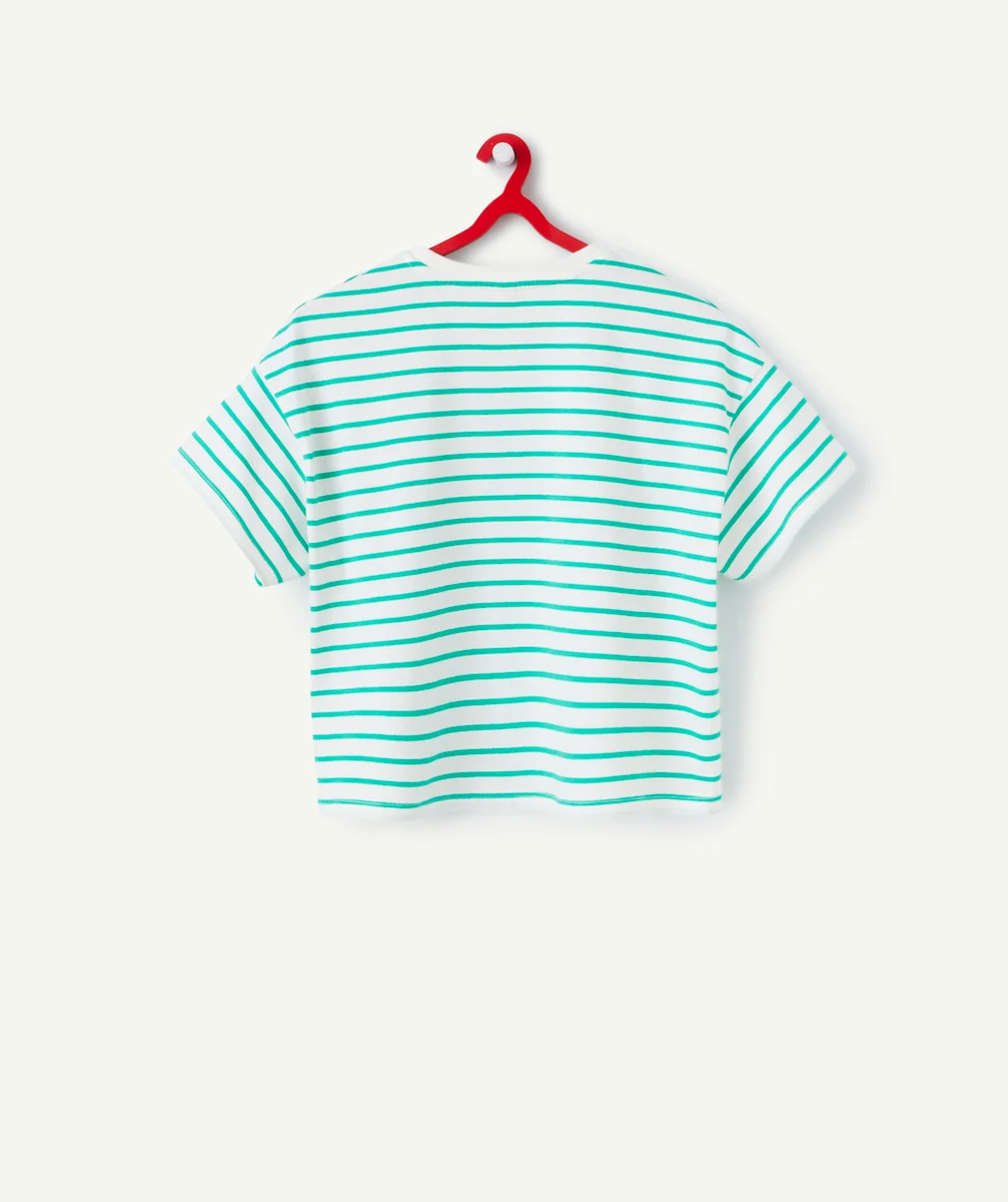 t-shirt manches courtes fille en coton bio blanc à rayures vertes
