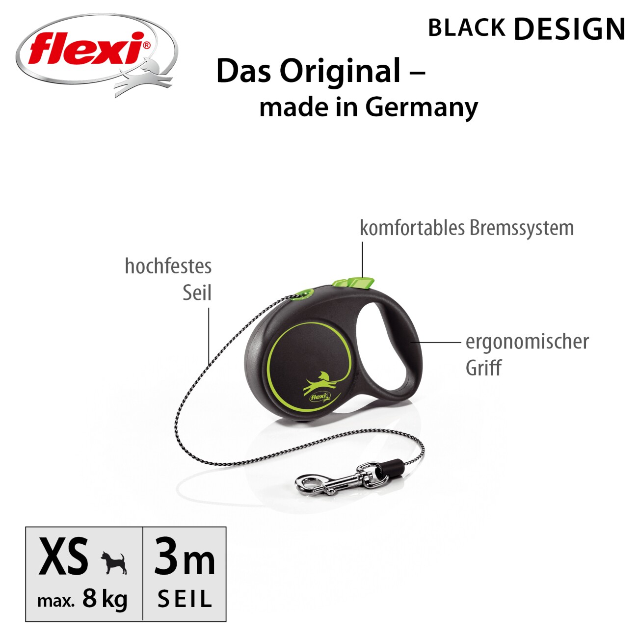 Flexi Black Design Seil grün XS, 3 m, 8 kg