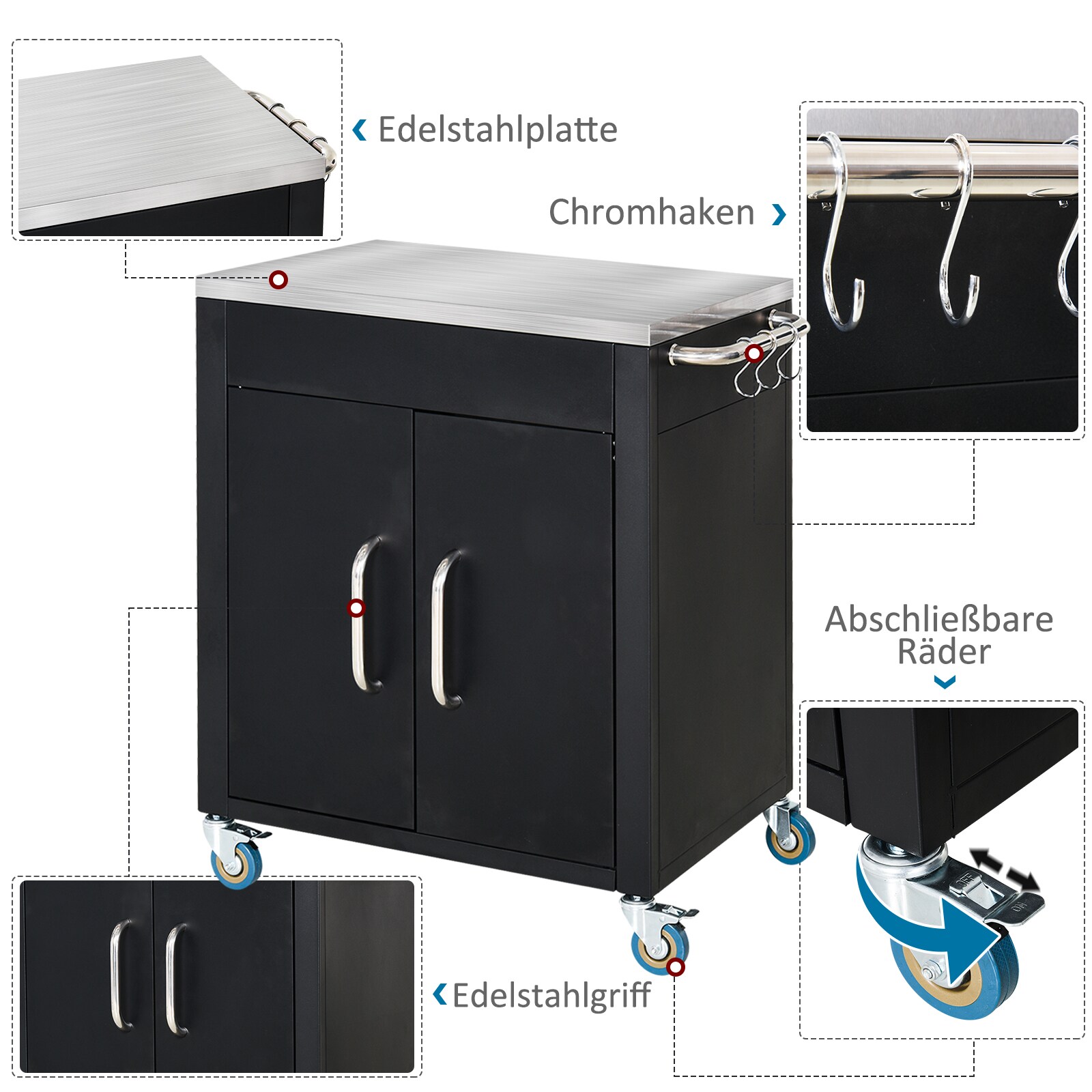 HOMCOM Küchenschrank auf Rollen schwarz 86 x 50 x 84,5 cm (BxTxH)