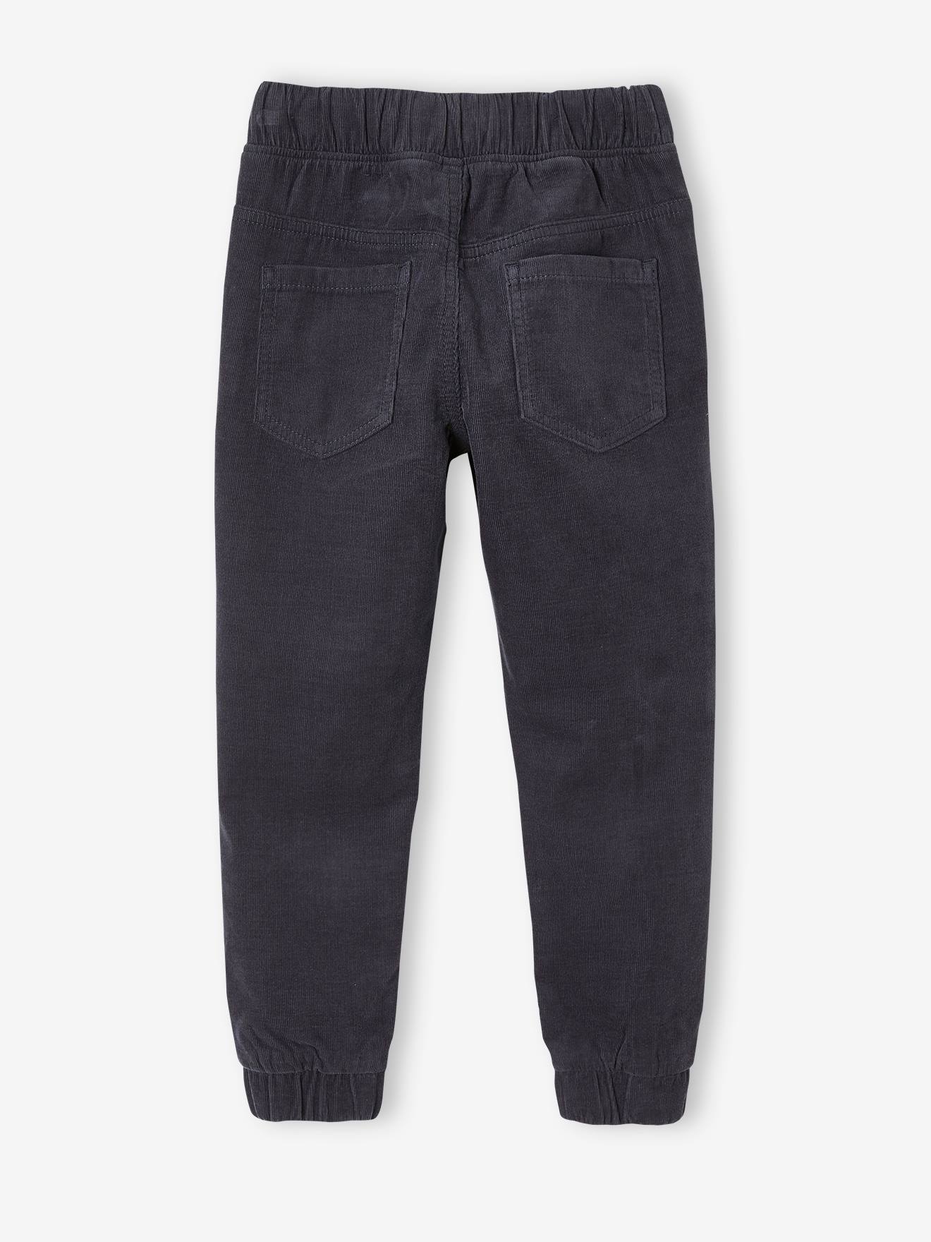 Calças de moletom de veludo cotelê fáceis de usar, lisas em azul escuro com estampas, para meninos.