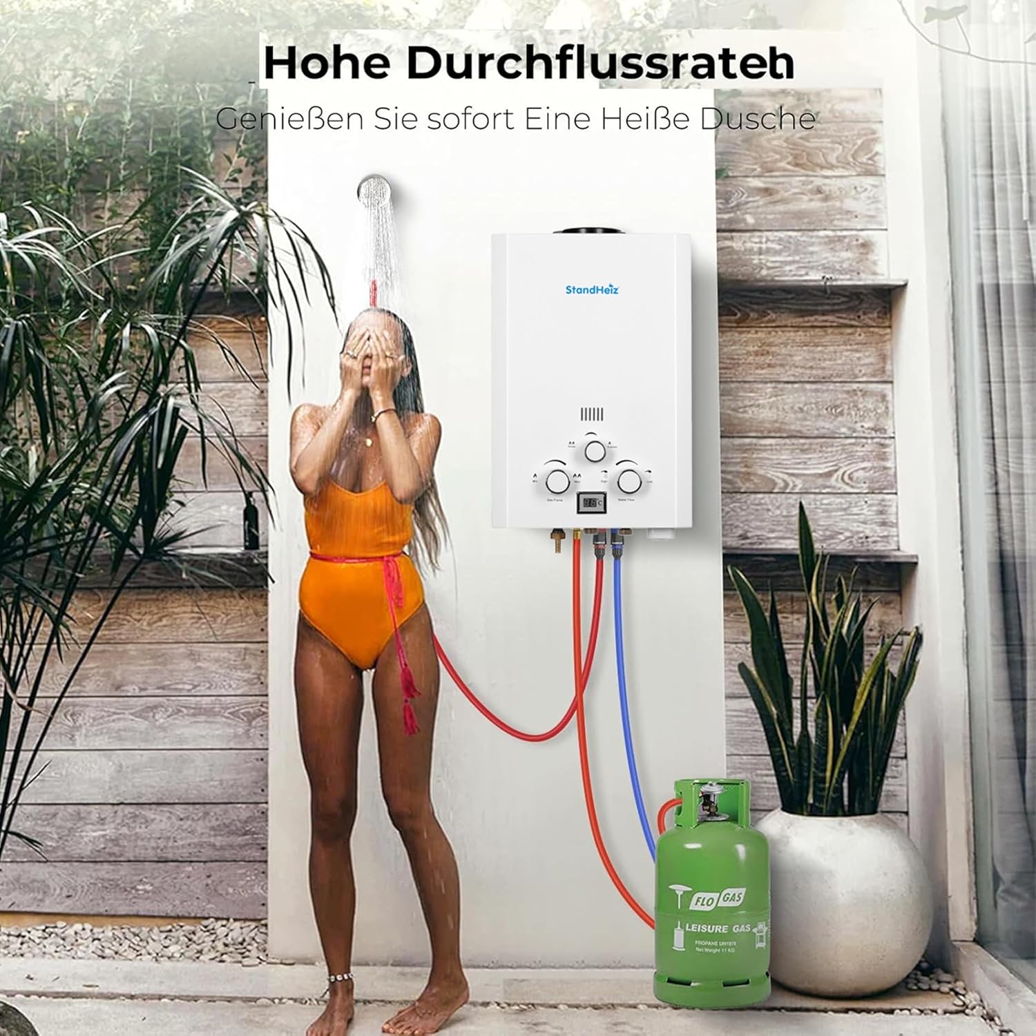 Durchlauferhitzer 18L 36 kW – LPG/Propan Warmwasserbereiter mit LCD Display, Sofort-Heißwasser für Außendusche, Garten, Haus, Camping, Wohnmobil & Wohnwagen, stufenlose Temperaturregelung