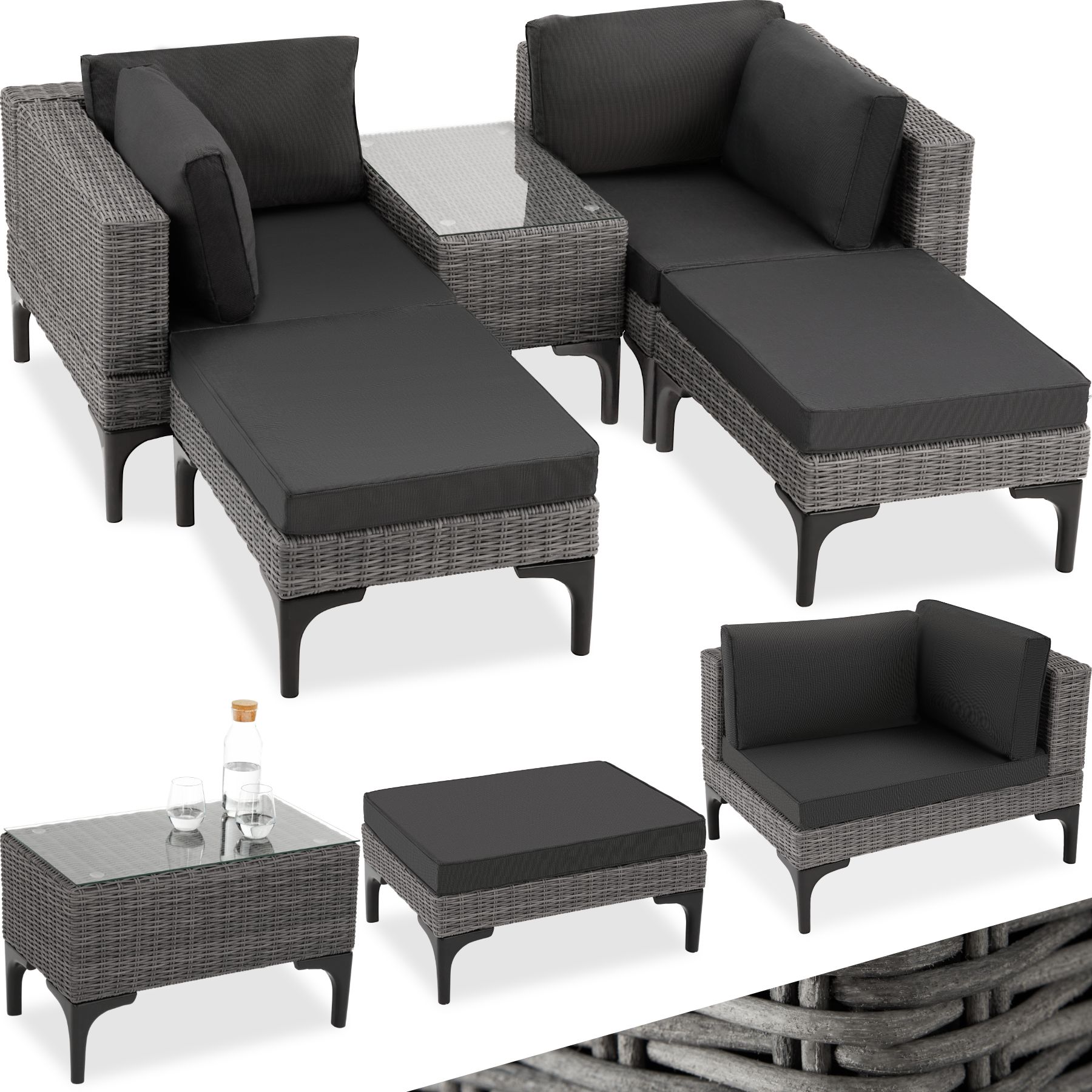 tectake® Rattan Lounge, mit Aluminiumgestell, wetterfest und UV-beständig, mit Sicherheitsglasplatte