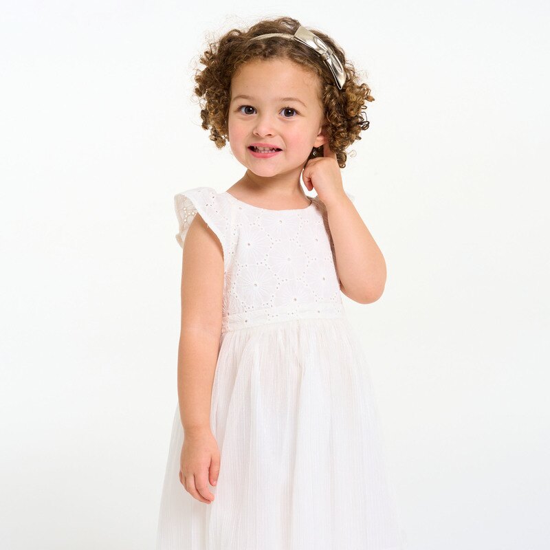 Robe chic bi-matière dentelle et plissé blanc bébé fille Beige