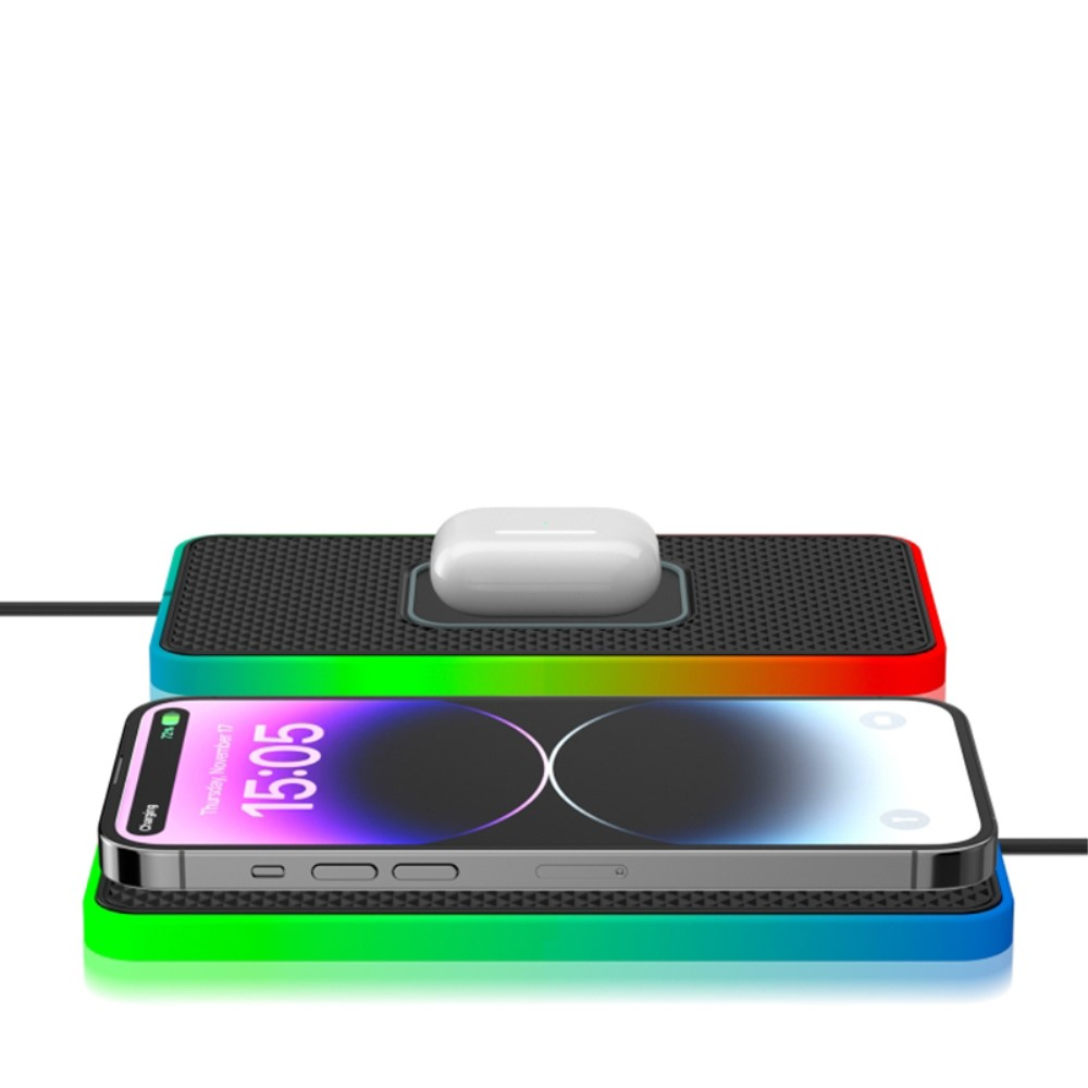 (1m) 15W USB C Qi Wireless Charging Ladegerät Auto Anti Rutsch Ladematte mit LED Beleuchtung - Schwarz
