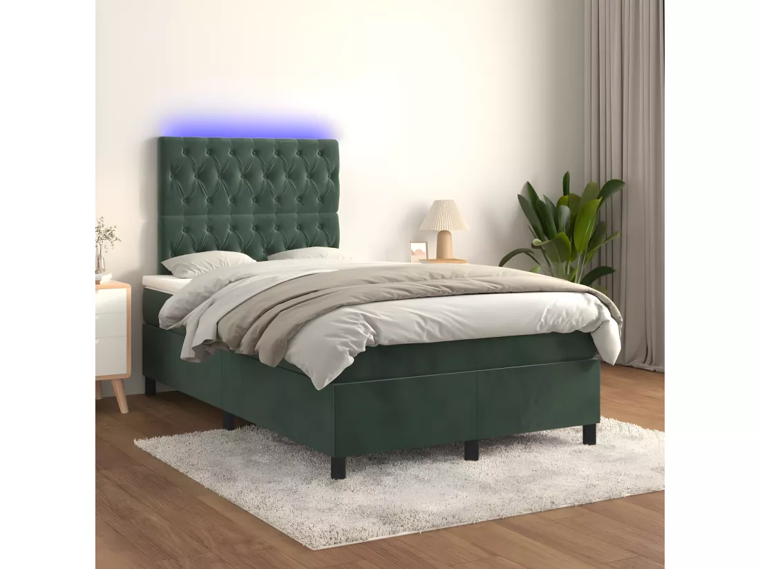 Sommier tapissier matelas et LED Vert foncé 120x200 cm Velours