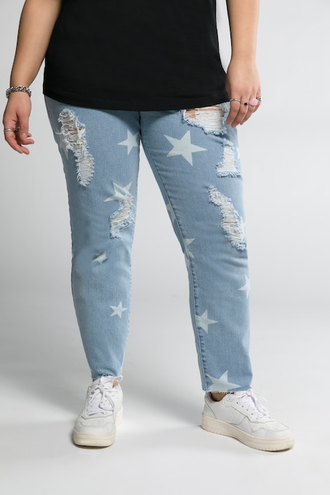Mom Jeans, 5-Pocket, geschnittener Saum, destroyed, Sterne