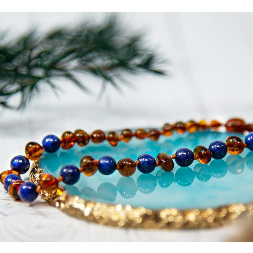 Collier en pierres naturelles d'ambre et de lapis lazuli - Cognac