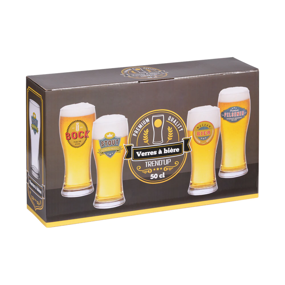 Coffret de 4 chopes à bières 50 cl décorées Table passion