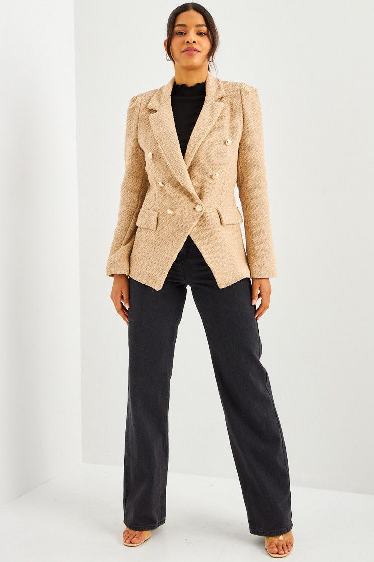 Blazer beige aspect tweed boutons perles