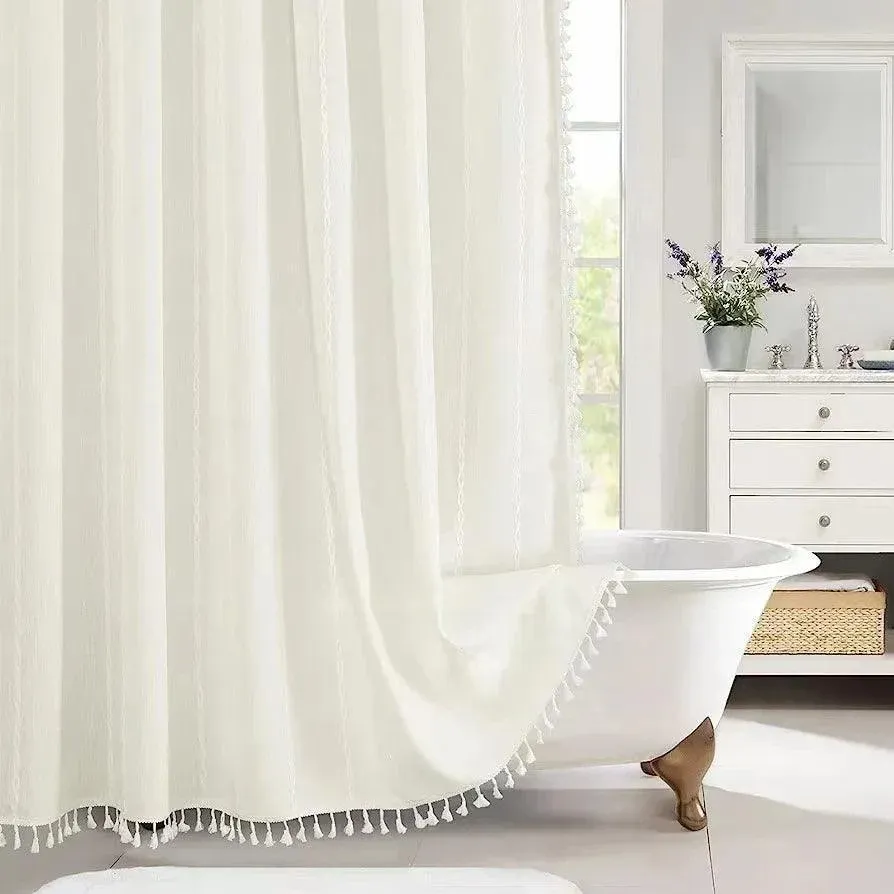 Bohemian Heavy Linen Shower Curtain with Tassel (1 pcs)  | For Modern Style Bathroom Decor