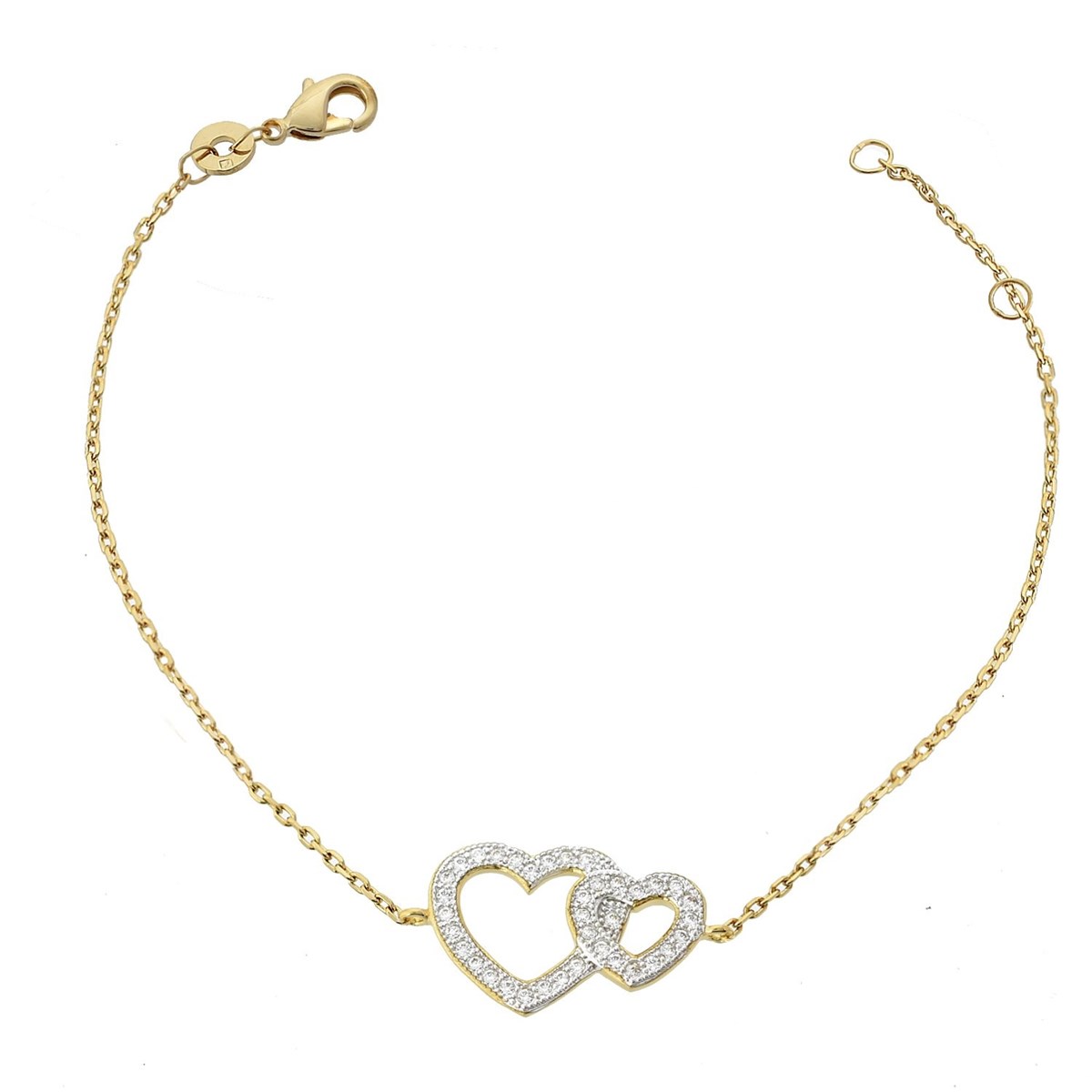 Bracelet 2 coeurs sertis d'oxyde de zirconium Plaqué OR 750 3 microns 2 tons