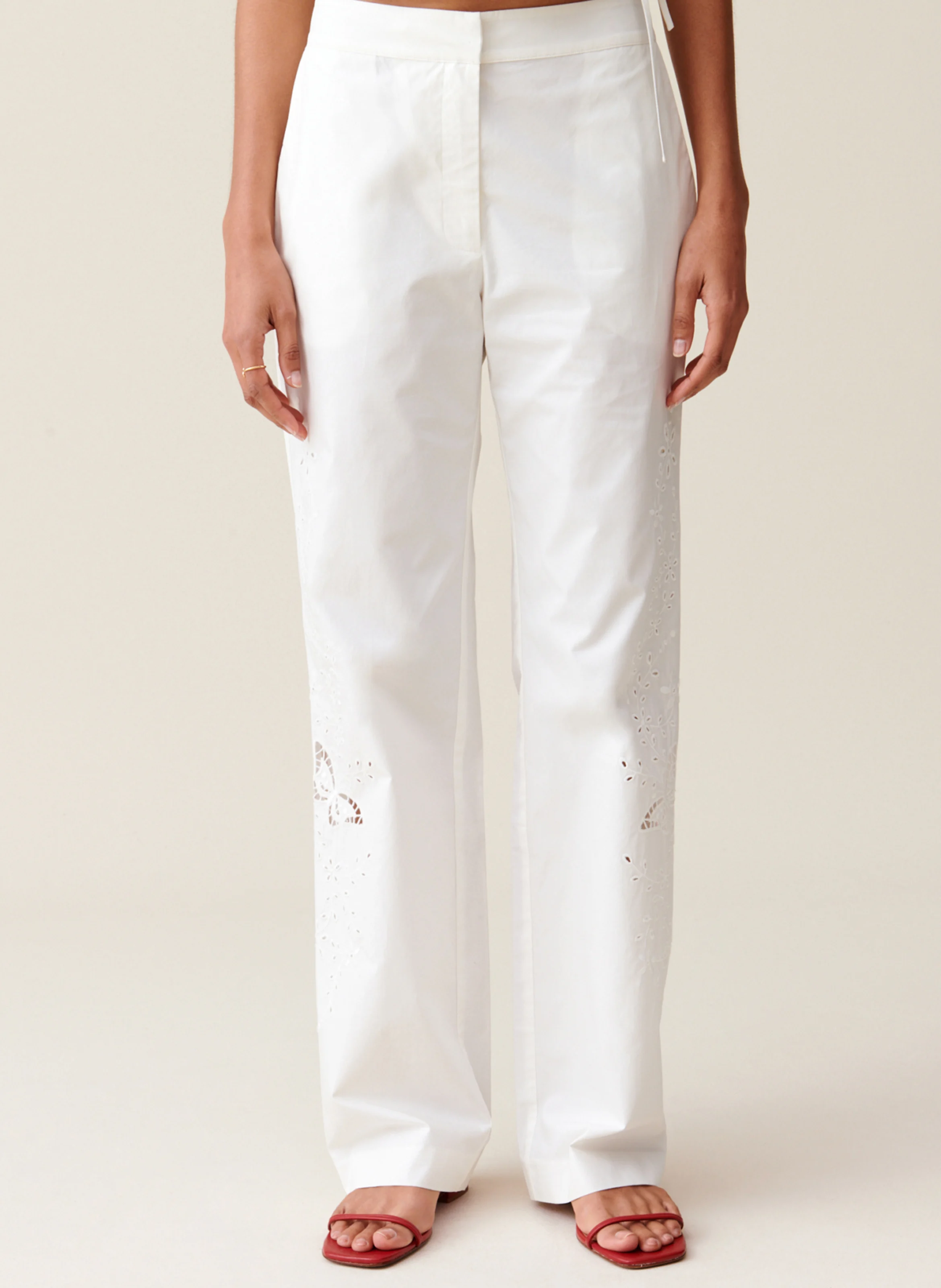 Pantalon droit brodé en coton | Blanc