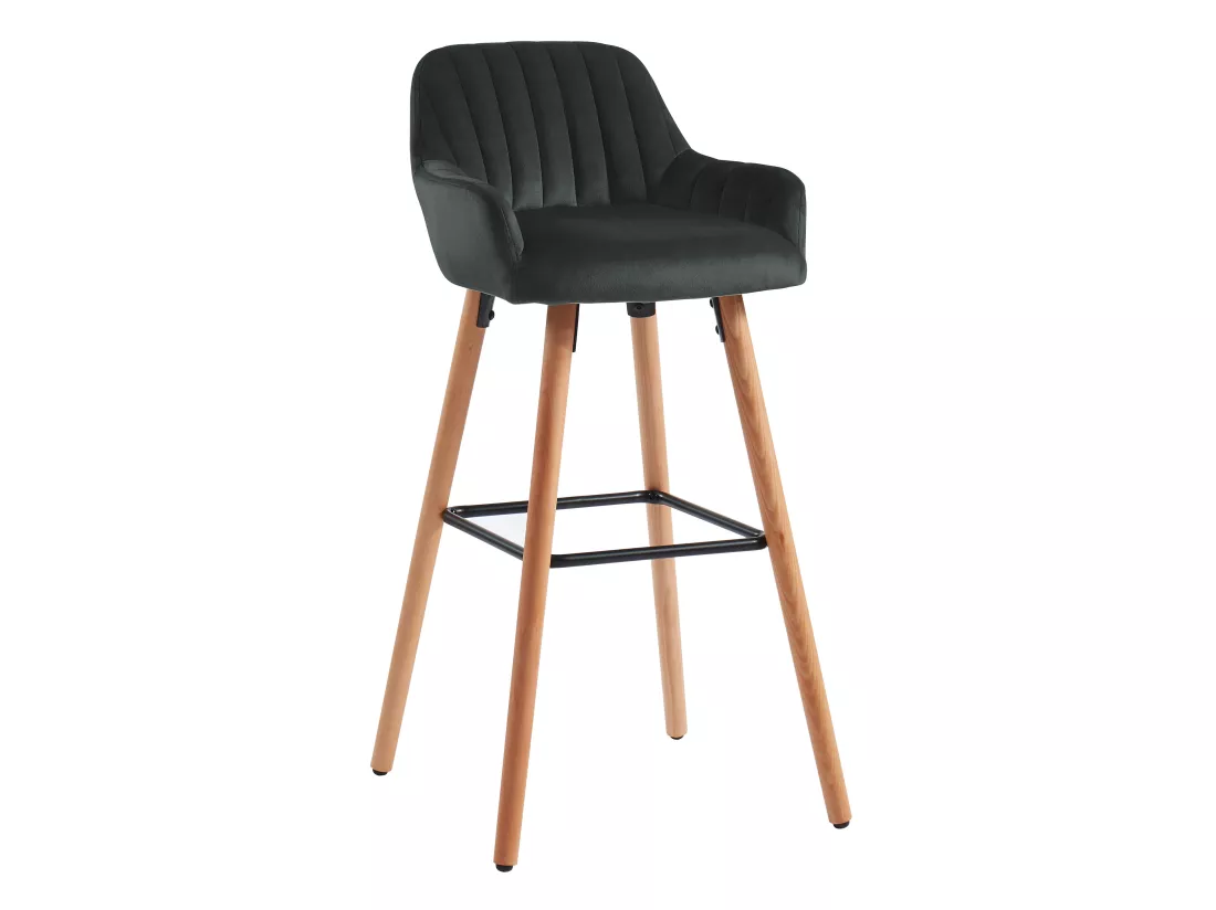 Lot de 2 tabourets de bar en velours et pieds bois de hêtre - Noir - ELEANA