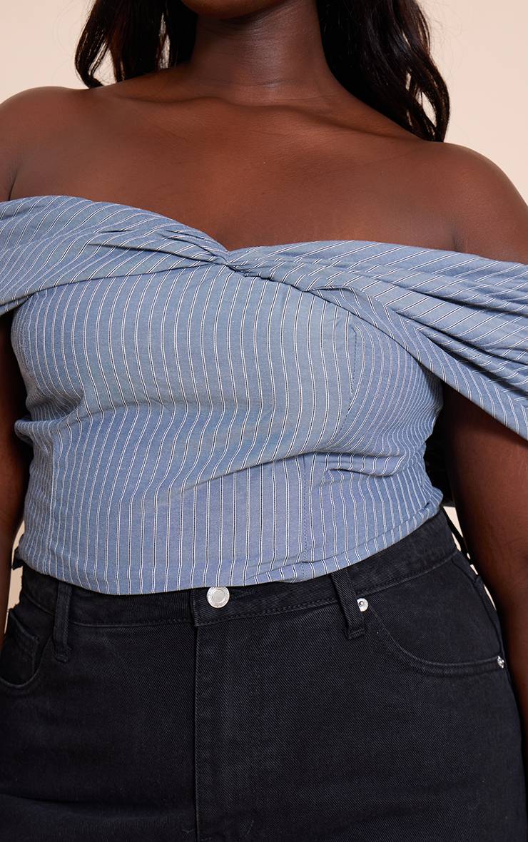 Gris Haut Bardot Grande Taille En Coton Rayé Avec Détail Torsadé