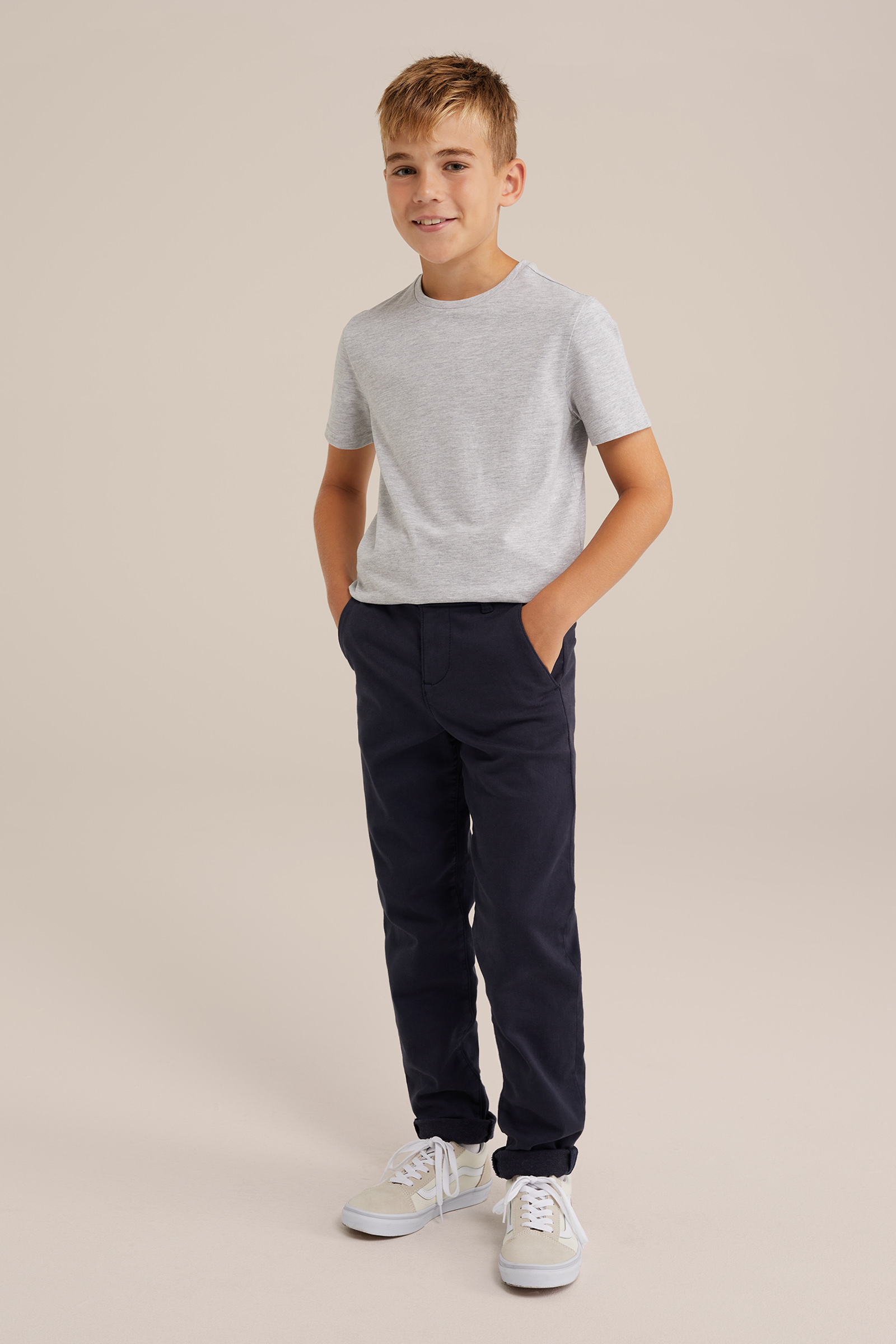 Jongens basic T-shirt met ronde hals WE Fashion Lichtgrijs