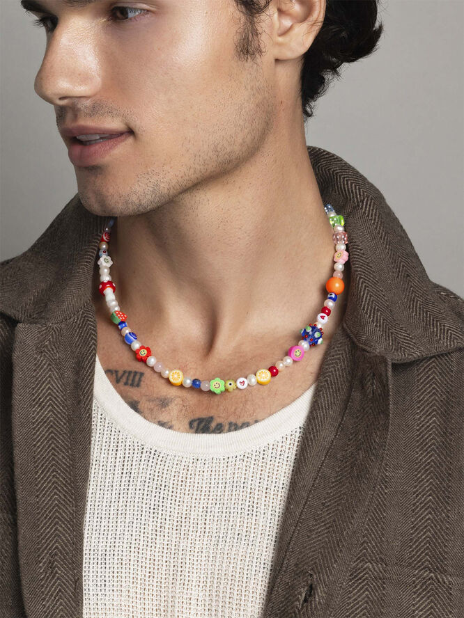 Nialaya Men's Berry Pearl Choker with Assorted Beads Multi