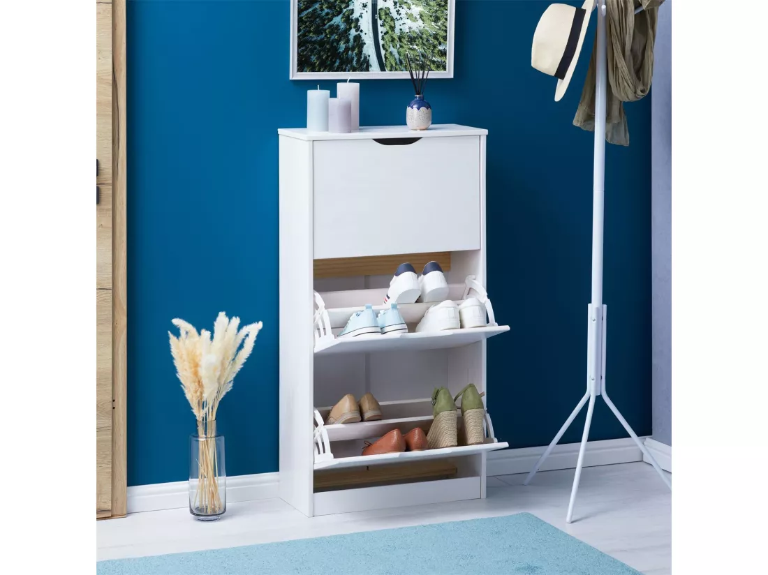 Meuble à chaussures BASIL armoire avec 3 abattants rangement pour 18 paires, en pin massif lasuré blanc style maison de campagne