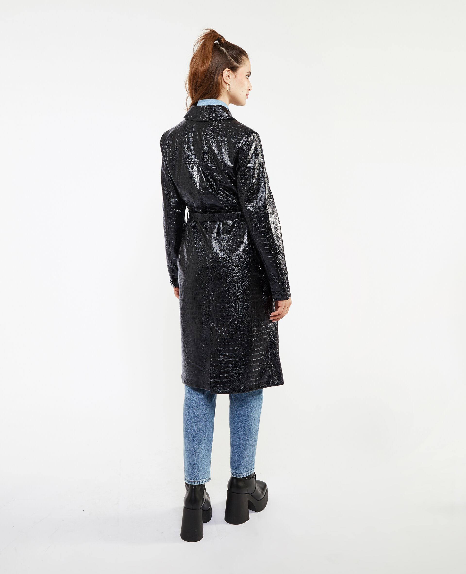 Manteau ceinturé effet croco - Noir