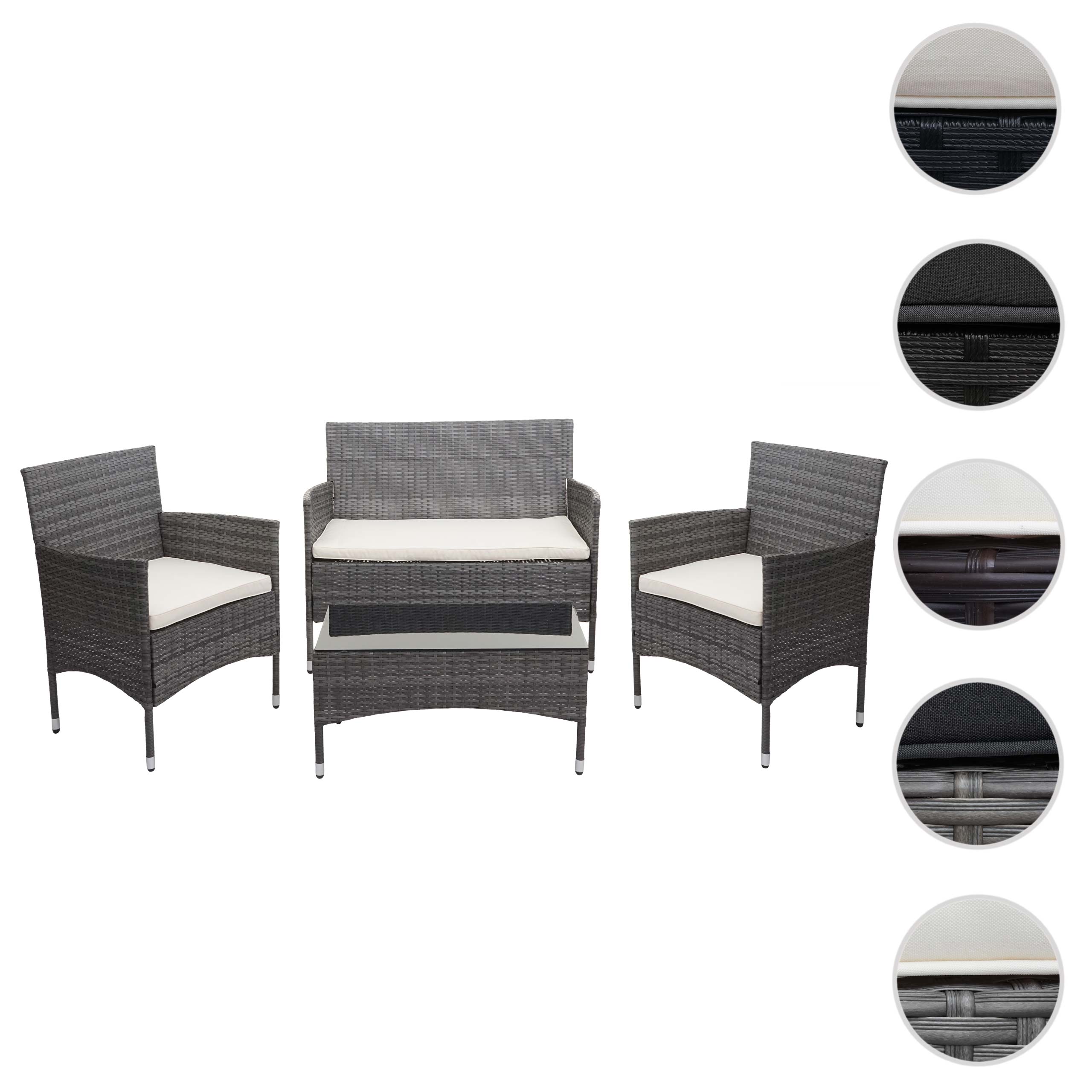 Poly-Rattan Garnitur MCW-F55, Balkon-/Garten-/Lounge-Set Sofa Sitzgruppe ~ grau, Kissen creme