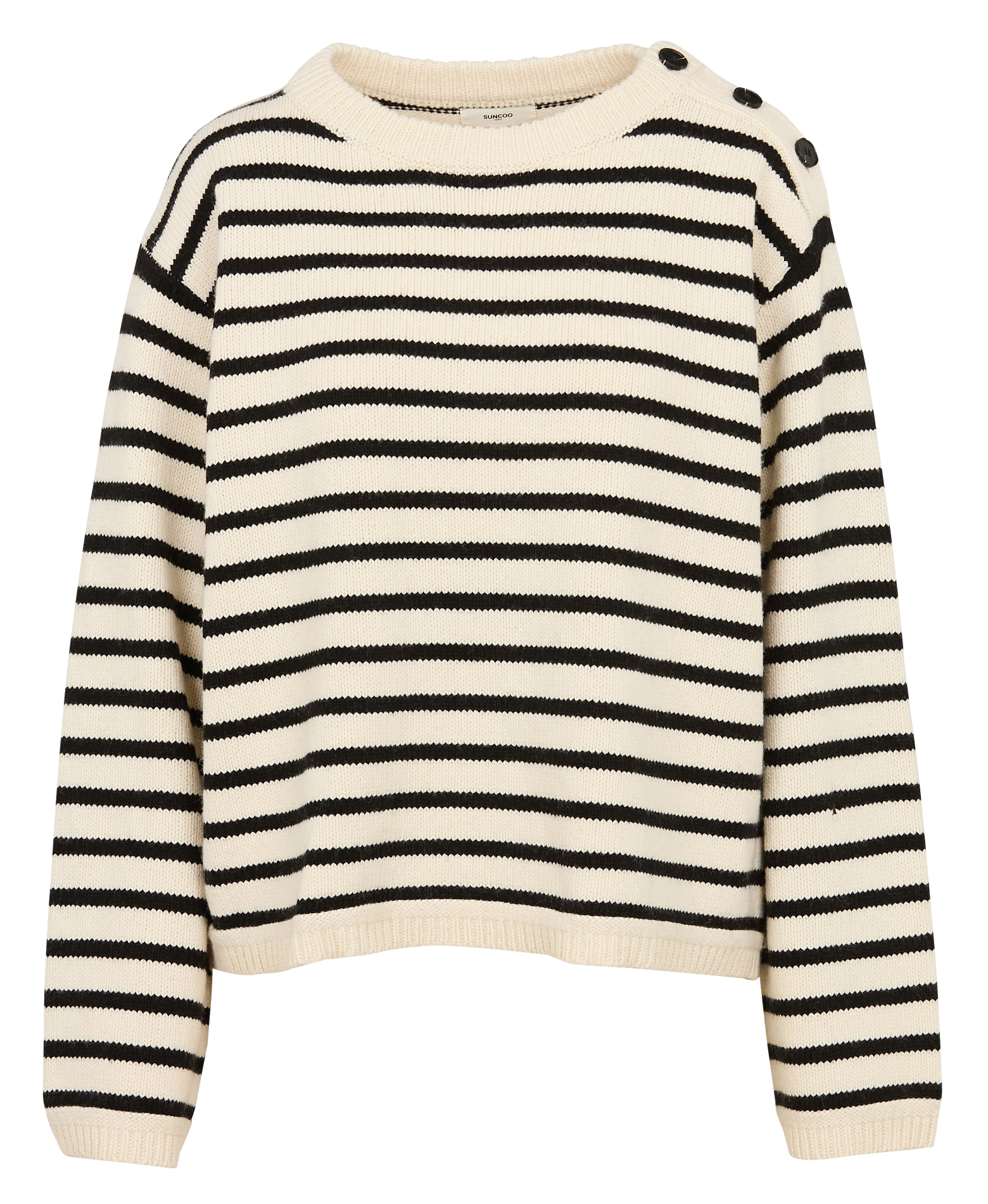 PRISMA - Pull ample col rond en laine et coton bio mélangé rayé | Blanc