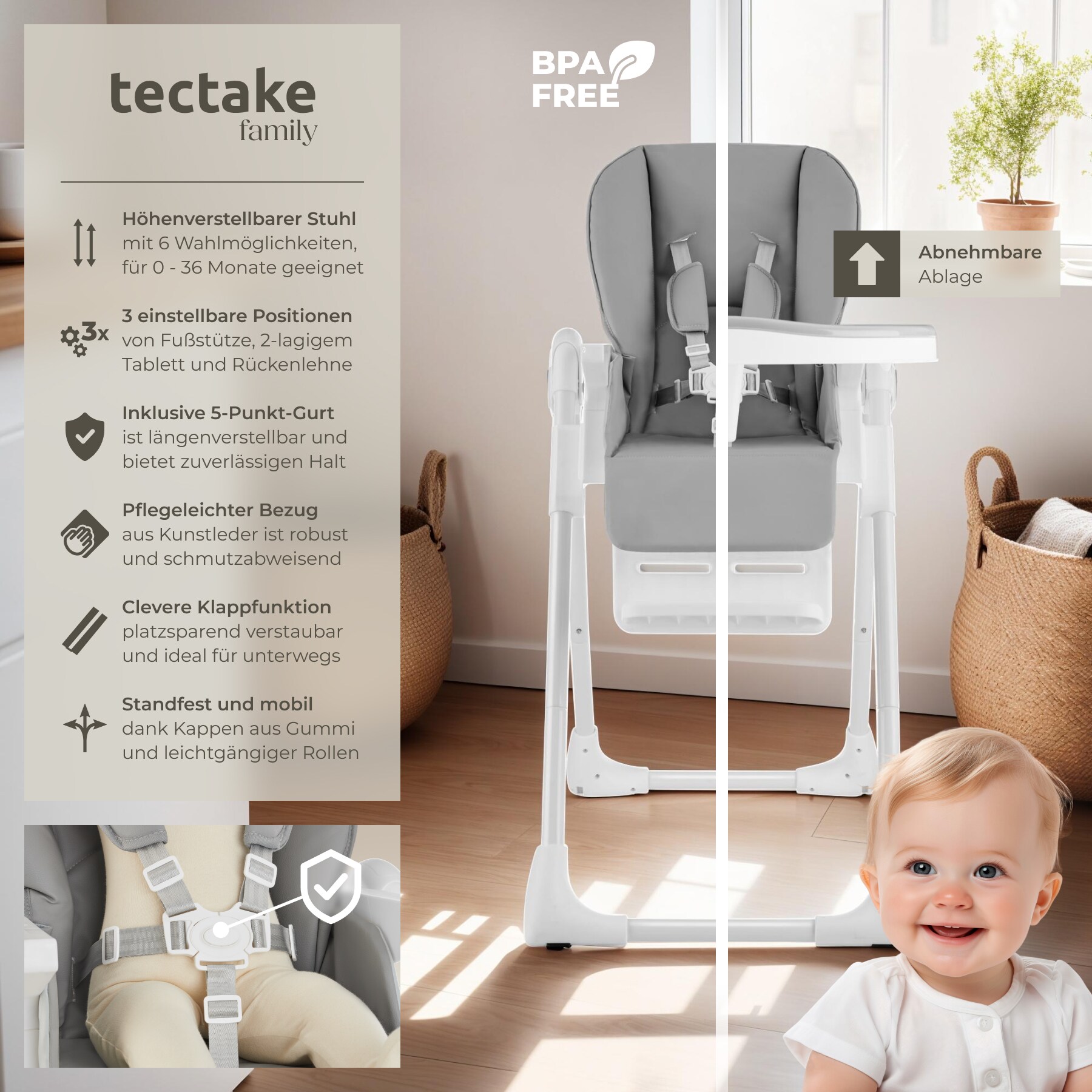 tectake® Hochstuhl, ab den ersten Lebensmonaten, klappbar, pflegeleichter, schmutzabweisender Kunstlederbezug, doppeltes Tablett, Belastbarkeit 15 kg, 55 x 91 x 95 cm