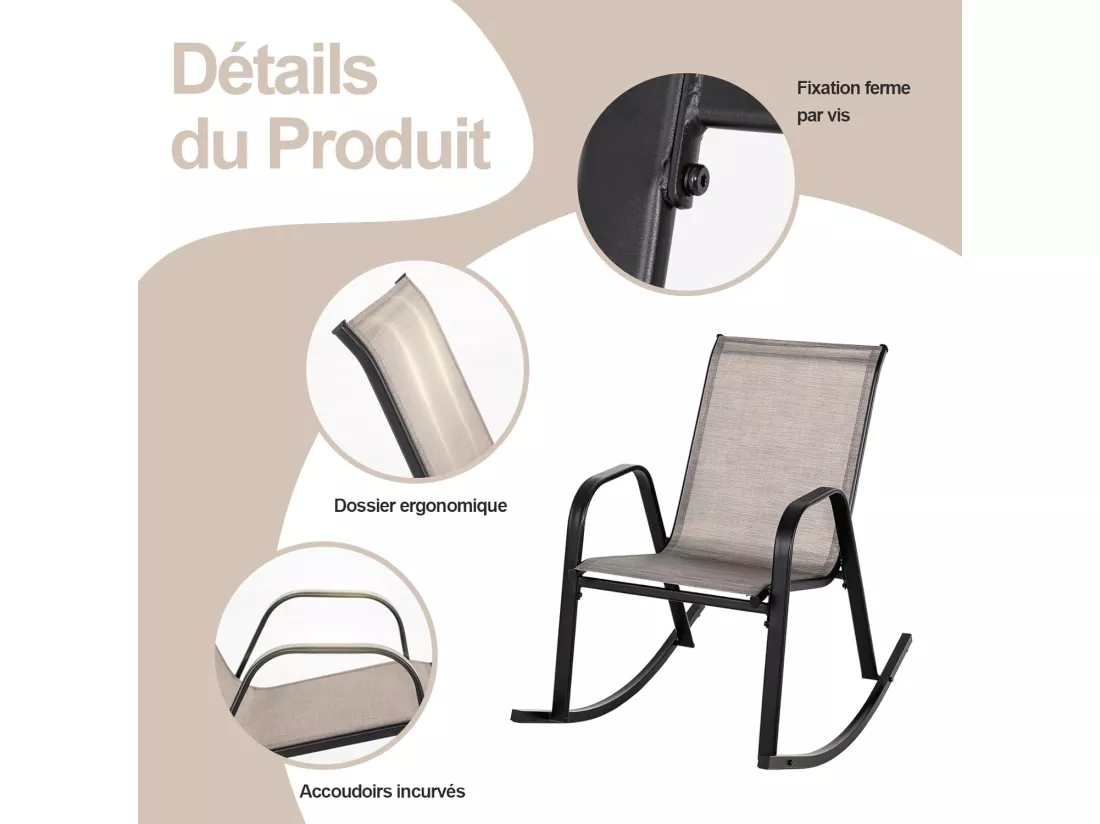 Chaise de Jardin à Bascule Lot de 2, Fauteuil à Bascule avec Accoudoirs, Cadre en Métal, Rocking Chair Ergonomique pour Jardin, Piscine, 91 x 62 x 86 cm