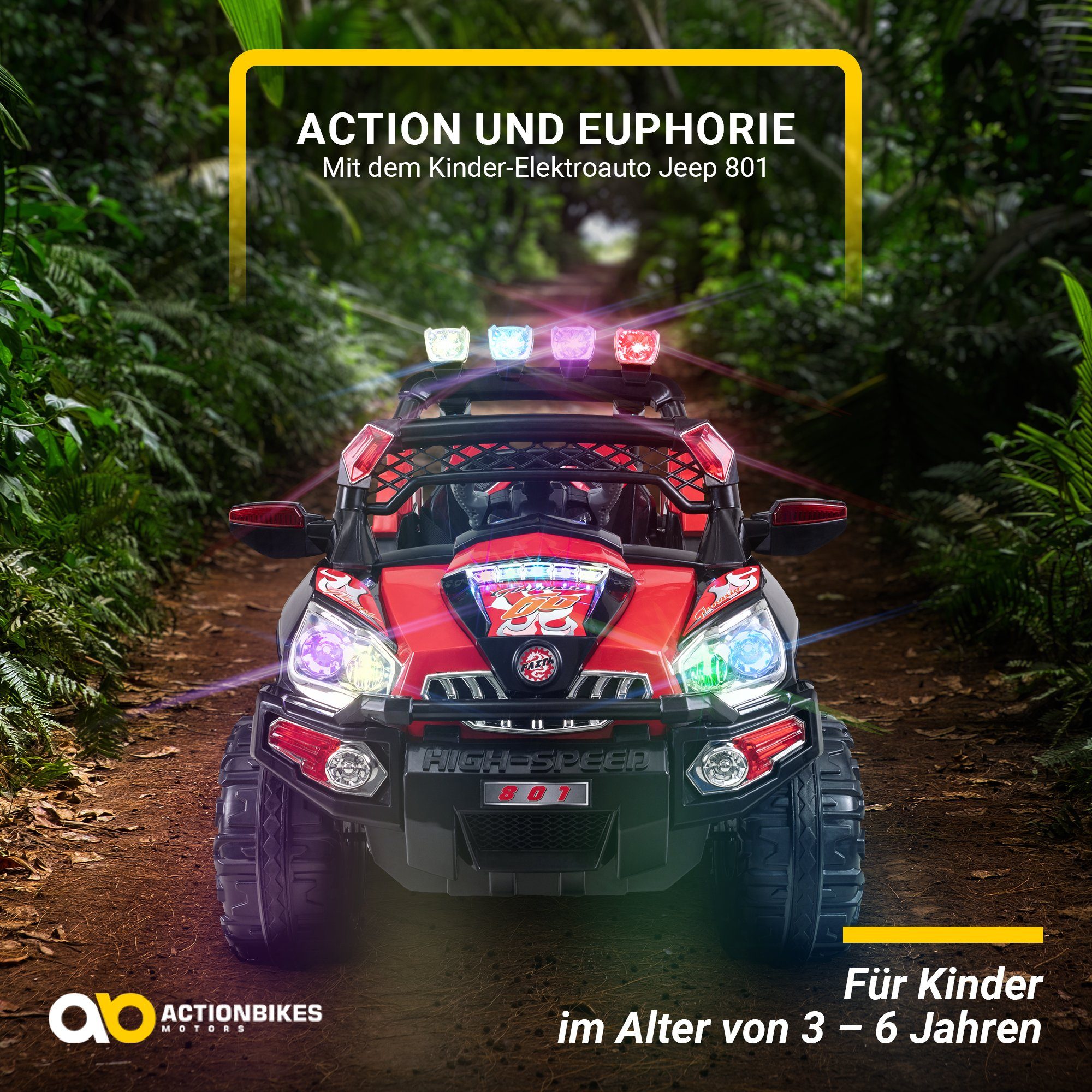 Actionbikes Motors Jeep 801, carro elétrico infantil com controle remoto, capacidade de carga de 40 kg (2 peças), brinquedo off-road para crianças a partir de 3 anos - freio automático