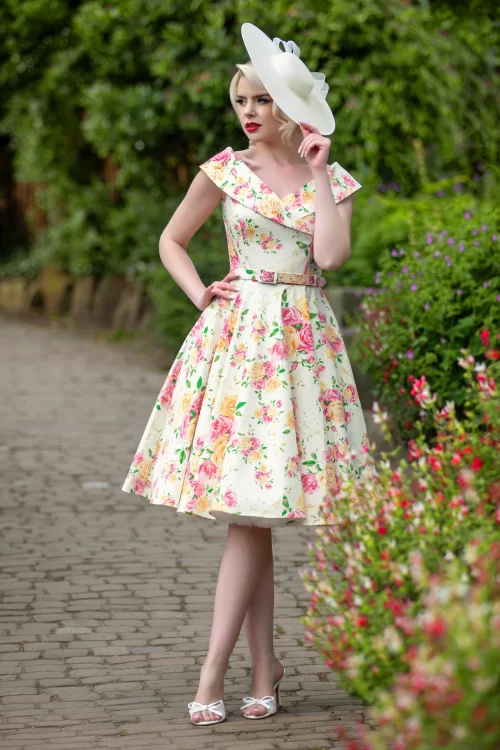 Vintage Diva  Aurelia swing jurk met roze en gele bloemen