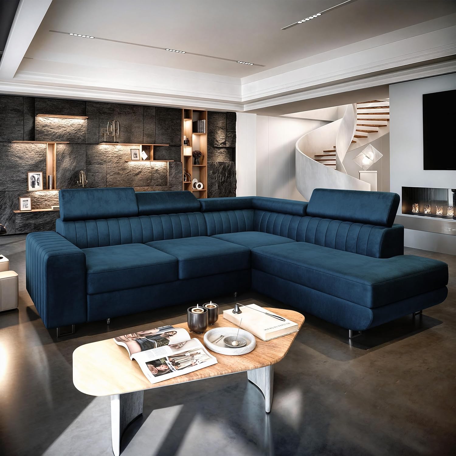 Masseno Ecksofa NOLA R-S mit Schlaffunktion L-Form, Sofa mit Bettkasten, Wohnzimmersofa, Couch, Soffa, Bettsofa, Couchgarnitur- Blau, Monolith 77