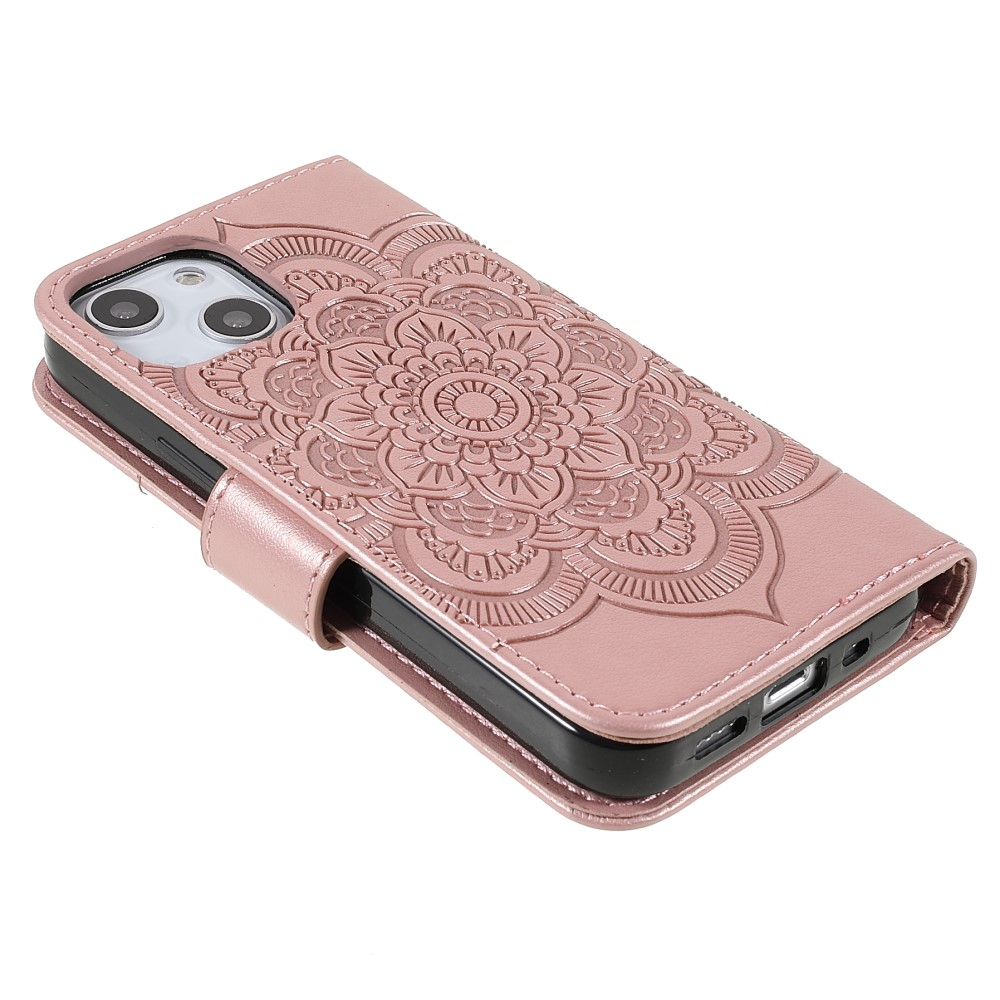 iPhone 13 Leder Tasche Wallet - Mandala Flowers Imprint - Roségold