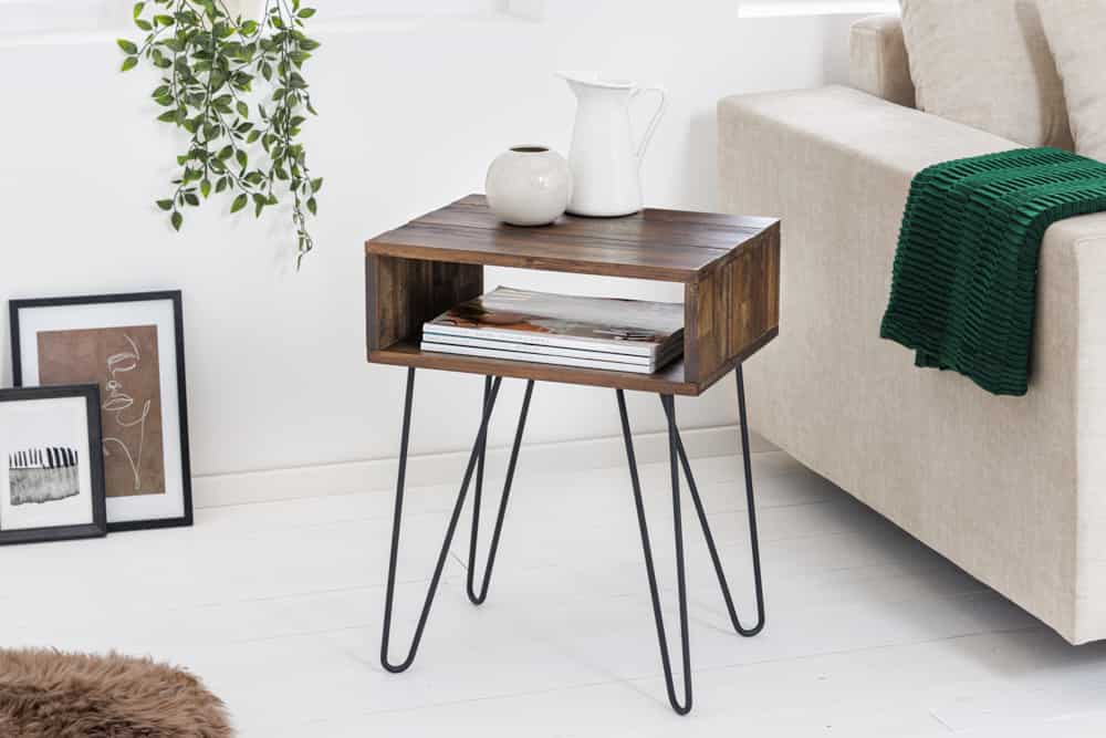Massivholz Beistelltisch SCORPION 55cm Akazie Nachttisch mit Ablage Hairpin Legs Metall