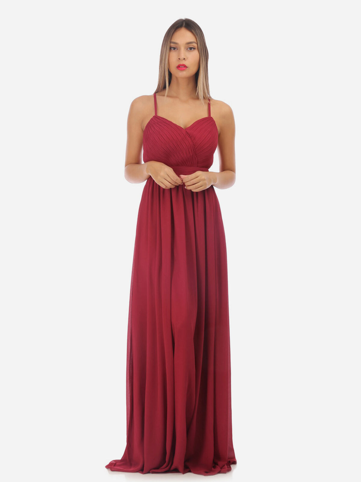 Robe longue à décolleté drapé- Rouge foncé