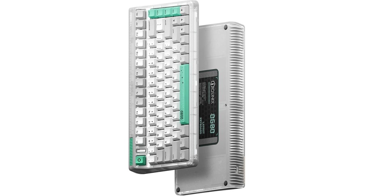 IqunixOG80 Wormhole Wireless Mechanical Keyboard, gaming toetsenbord  (Grijs/groen, US lay-out, IQUNIX Moonstone, RGB leds, 80% (TKL), Hot-swappable, PBT, 2.4GHz | Bluetooth 5.1 | USB-C)