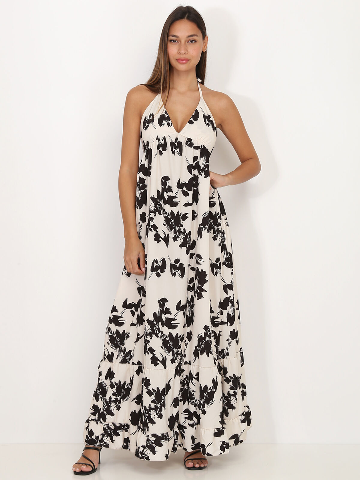 Robe évasée à motif fleurs- Beige